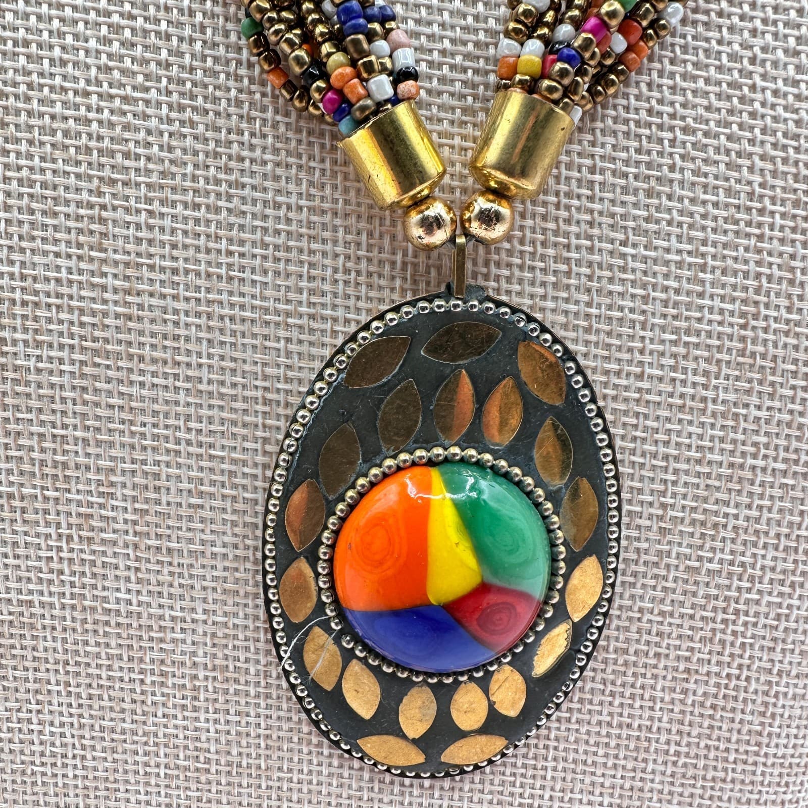 Vintage 80s Ethnic MultiStrand Seed Bead Necklace Tribal Brass Statement Jewelry - Thumbnail 3