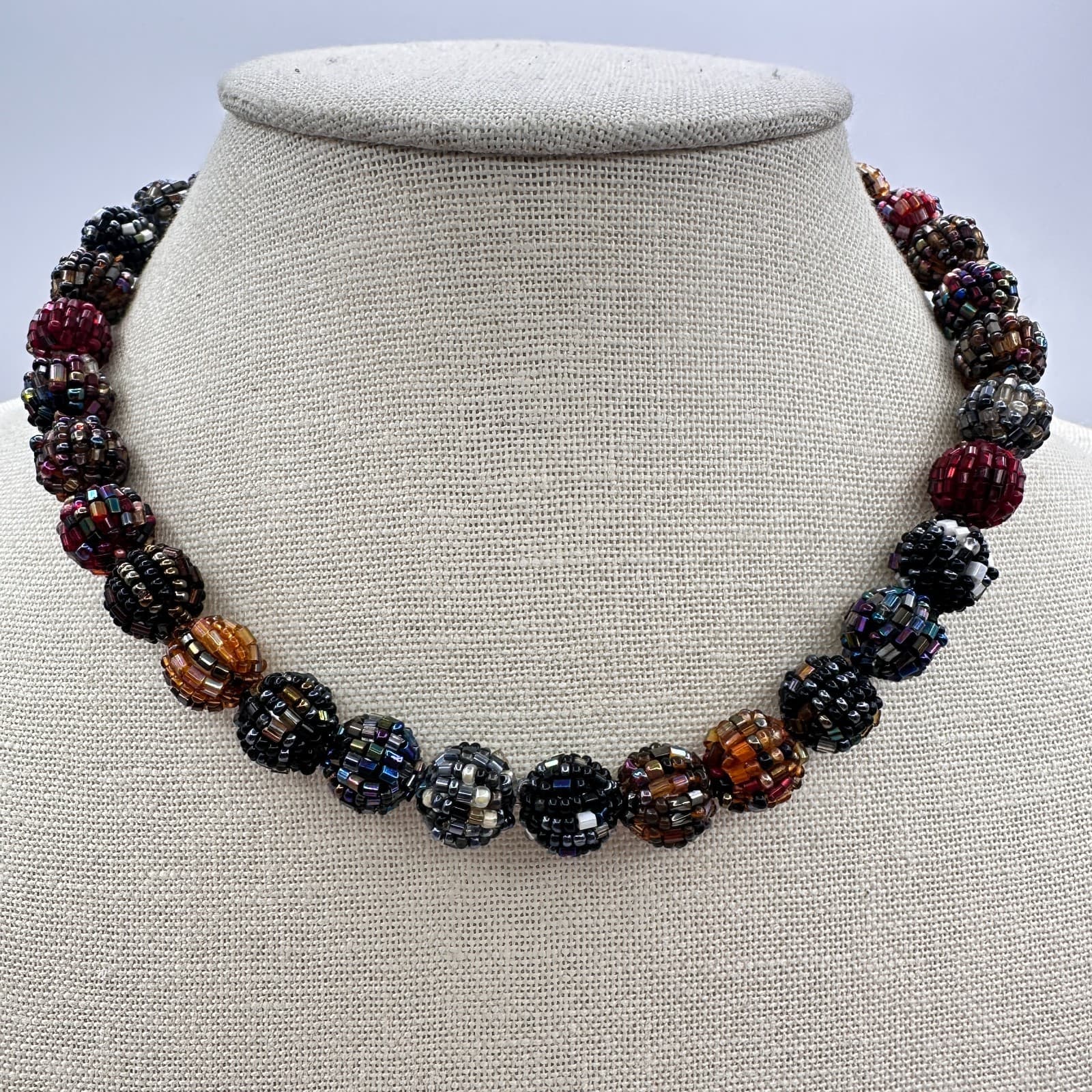 Vintage 80s MultiColor Bead Crochet Ball Necklace Chic Beaded Choker Jewelry - Thumbnail 2