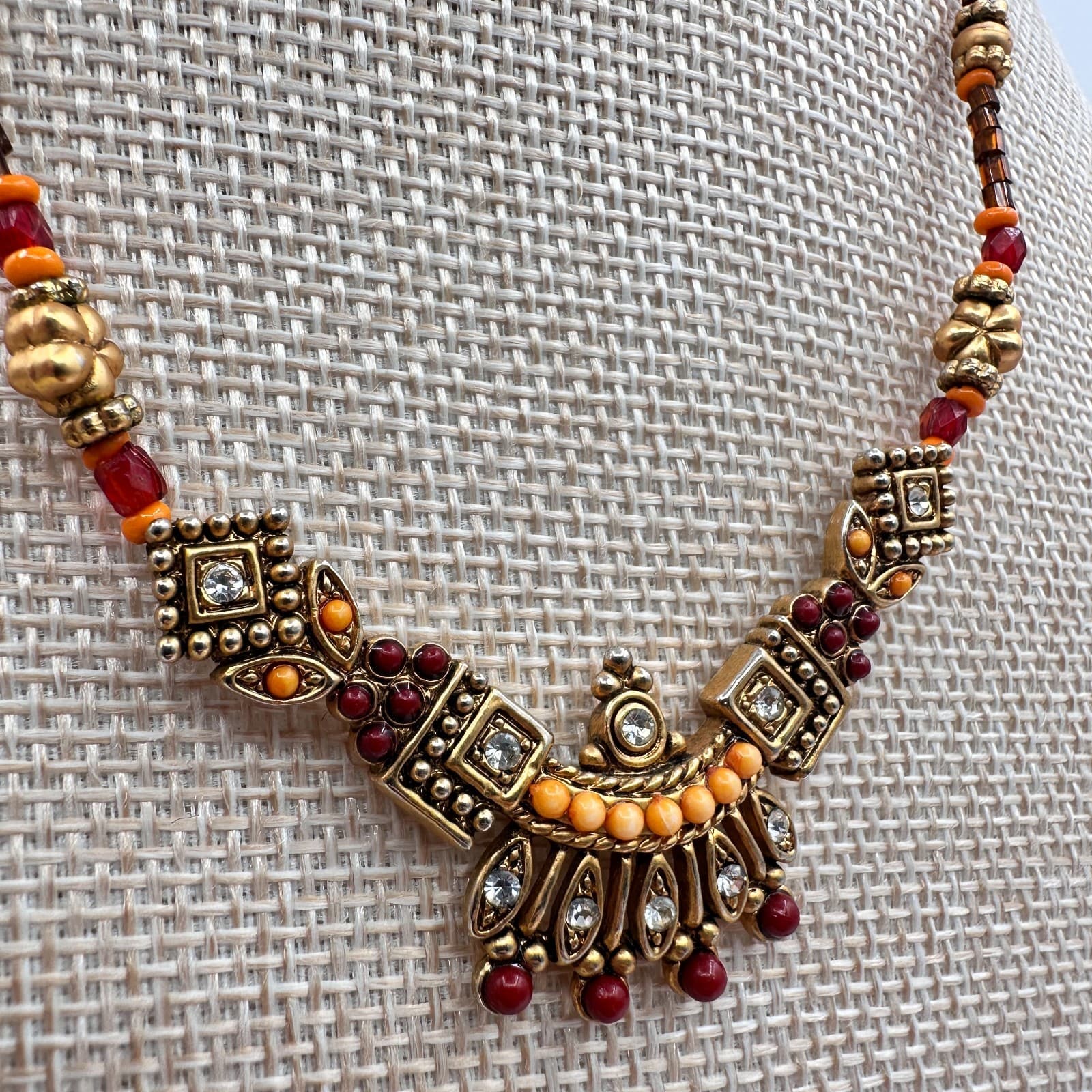 Vintage Y2K Gold Tone Rhinestone Seed Beaded Necklace Boho Women's Jewelry - Thumbnail 4
