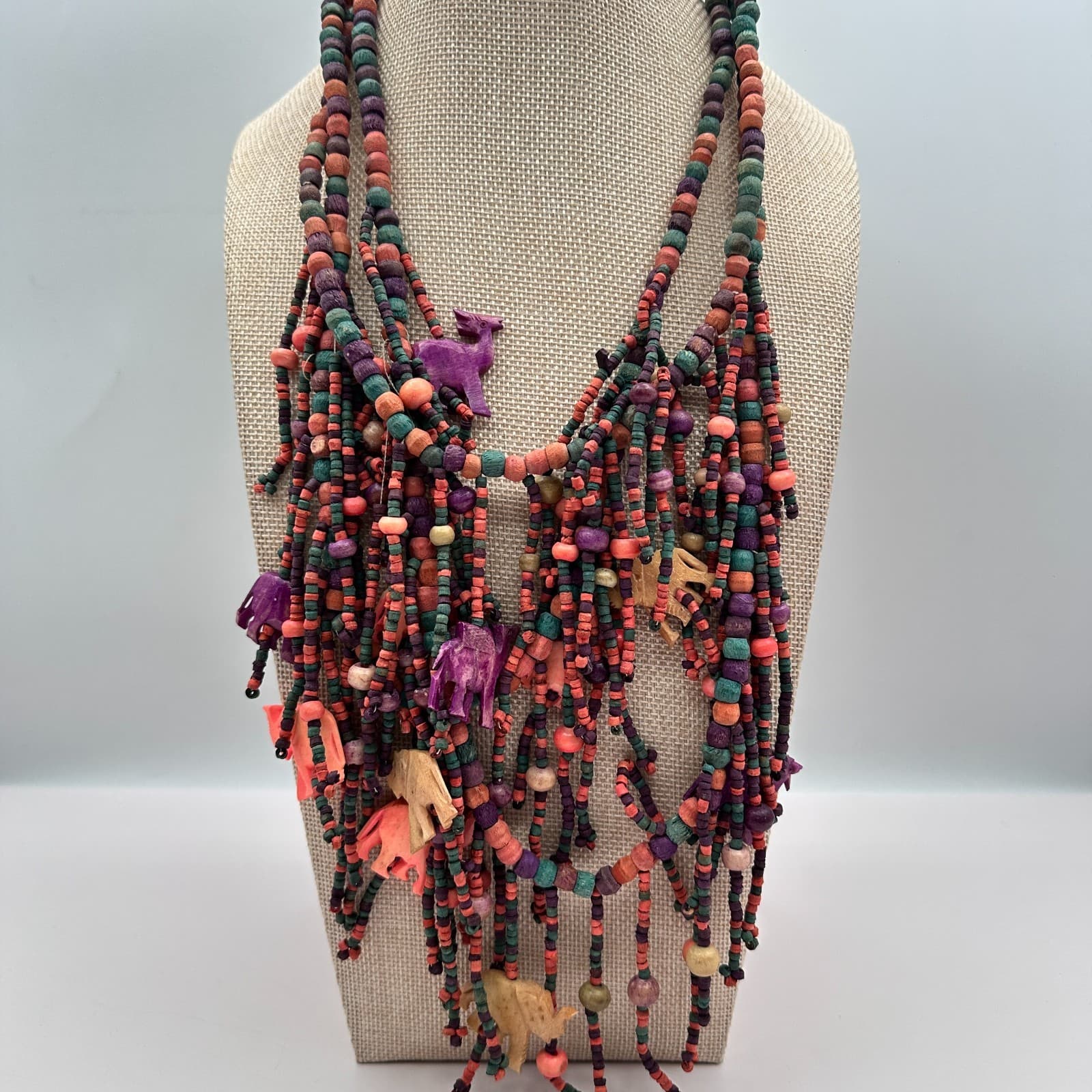Vintage 70s Multi-Strand Carved Wood Fetish Beaded Statement Necklace Jewelry - Thumbnail 7