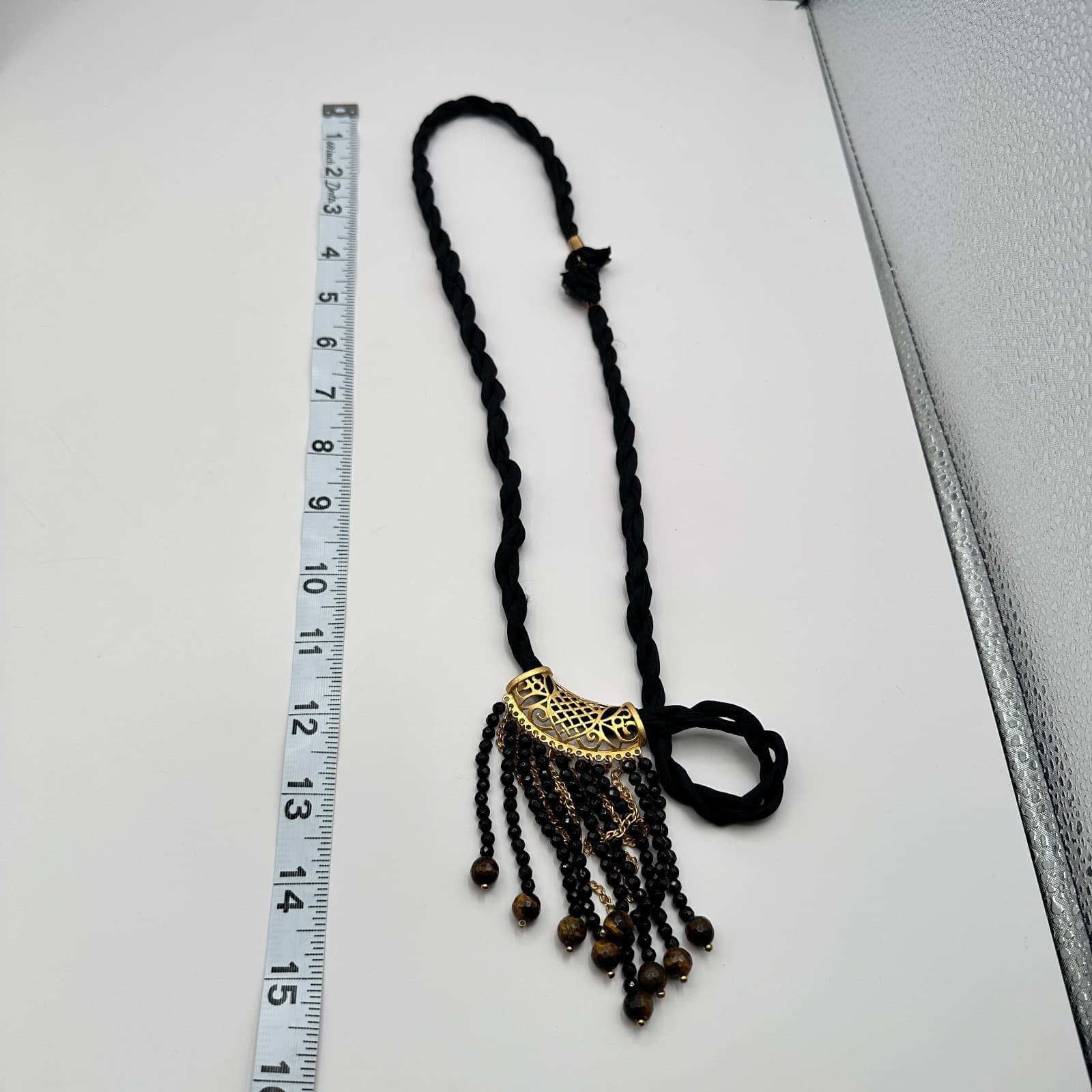 Vintage 80s Gold Tone Filigre Tassel Necklace Black Beads Tribal Pendant Jewelry - Thumbnail 6