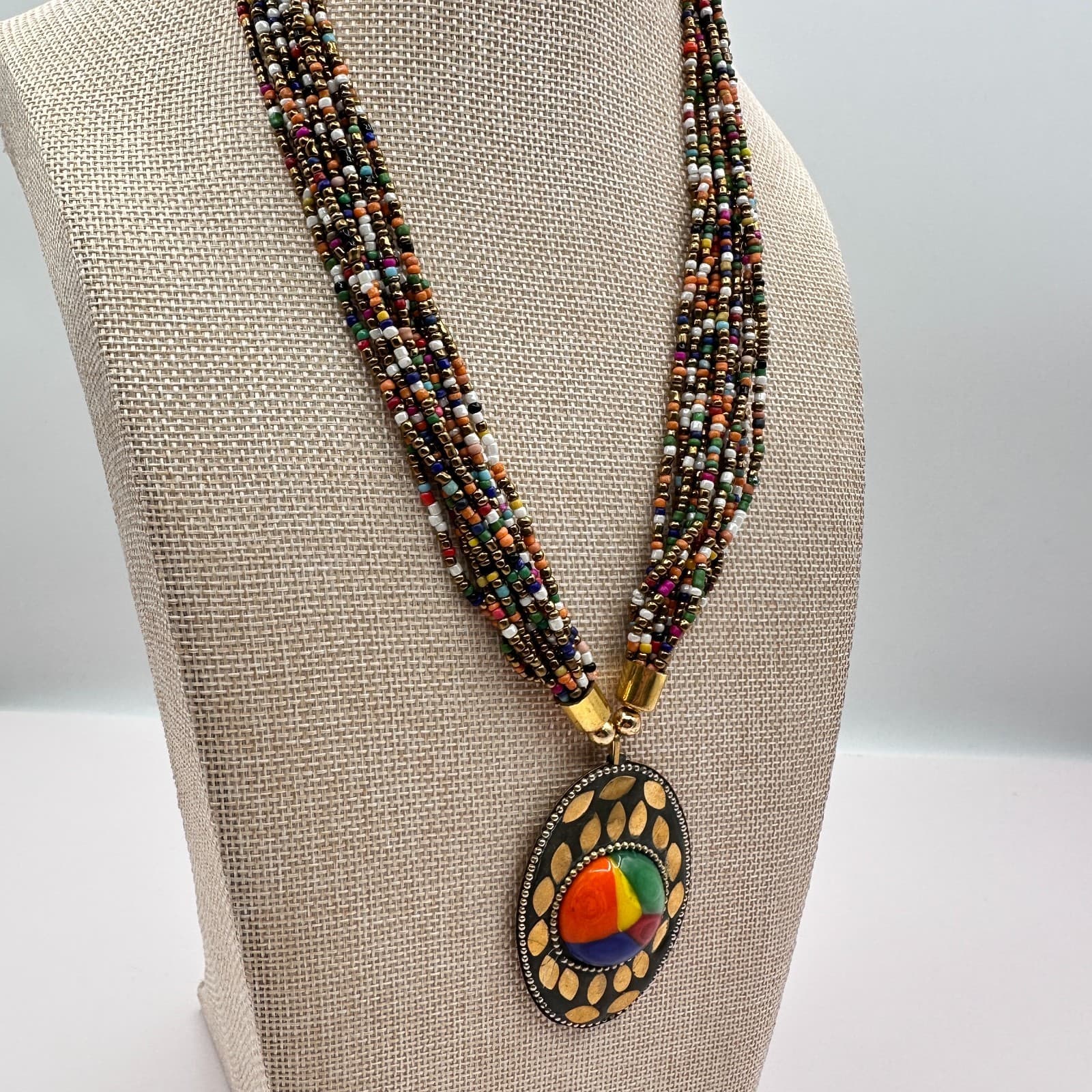 Vintage 80s Ethnic MultiStrand Seed Bead Necklace Tribal Brass Statement Jewelry - Thumbnail 8