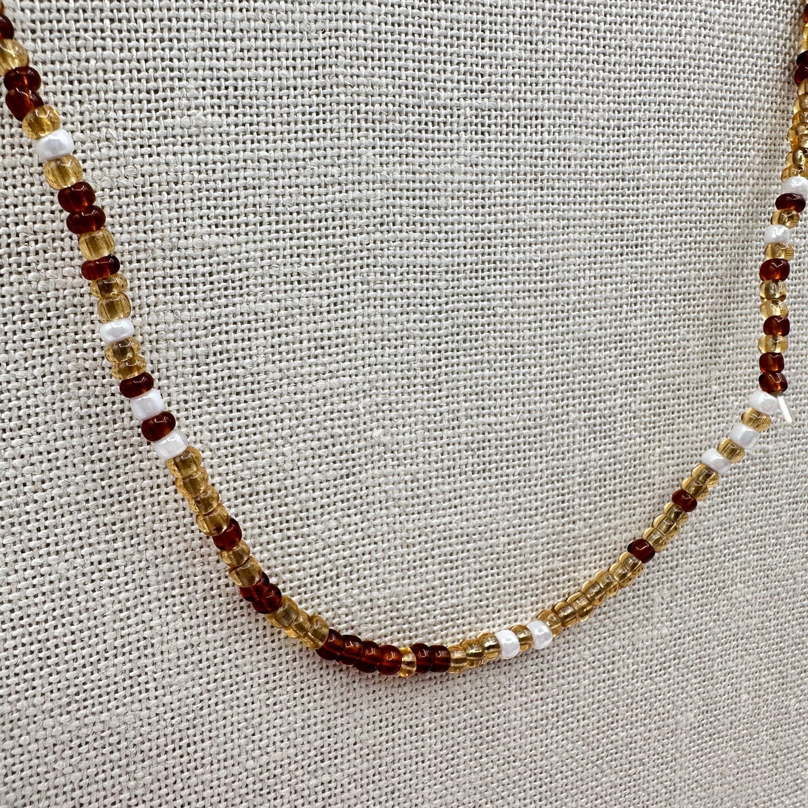 Vintage 70s Artisan Earth tone Glass Bead Strand Necklace Honey Amber Jewelry - Thumbnail 6