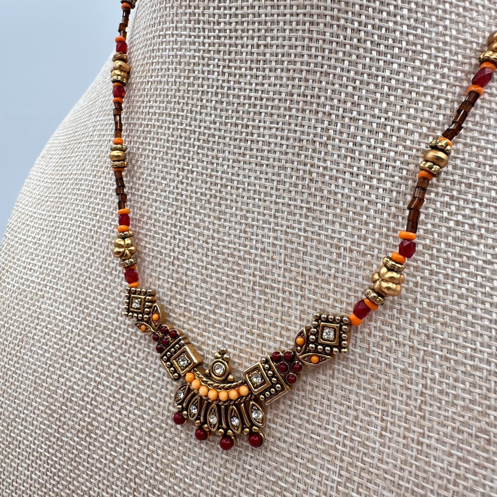 Vintage Y2K Gold Tone Rhinestone Seed Beaded Necklace Boho Women's Jewelry - Thumbnail 5