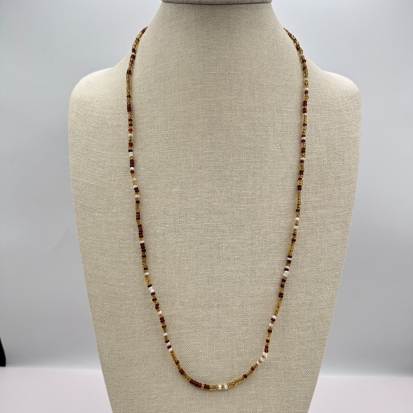 Vintage 70s Artisan Earth tone Glass Bead Strand Necklace Honey Amber Jewelry - Thumbnail 2