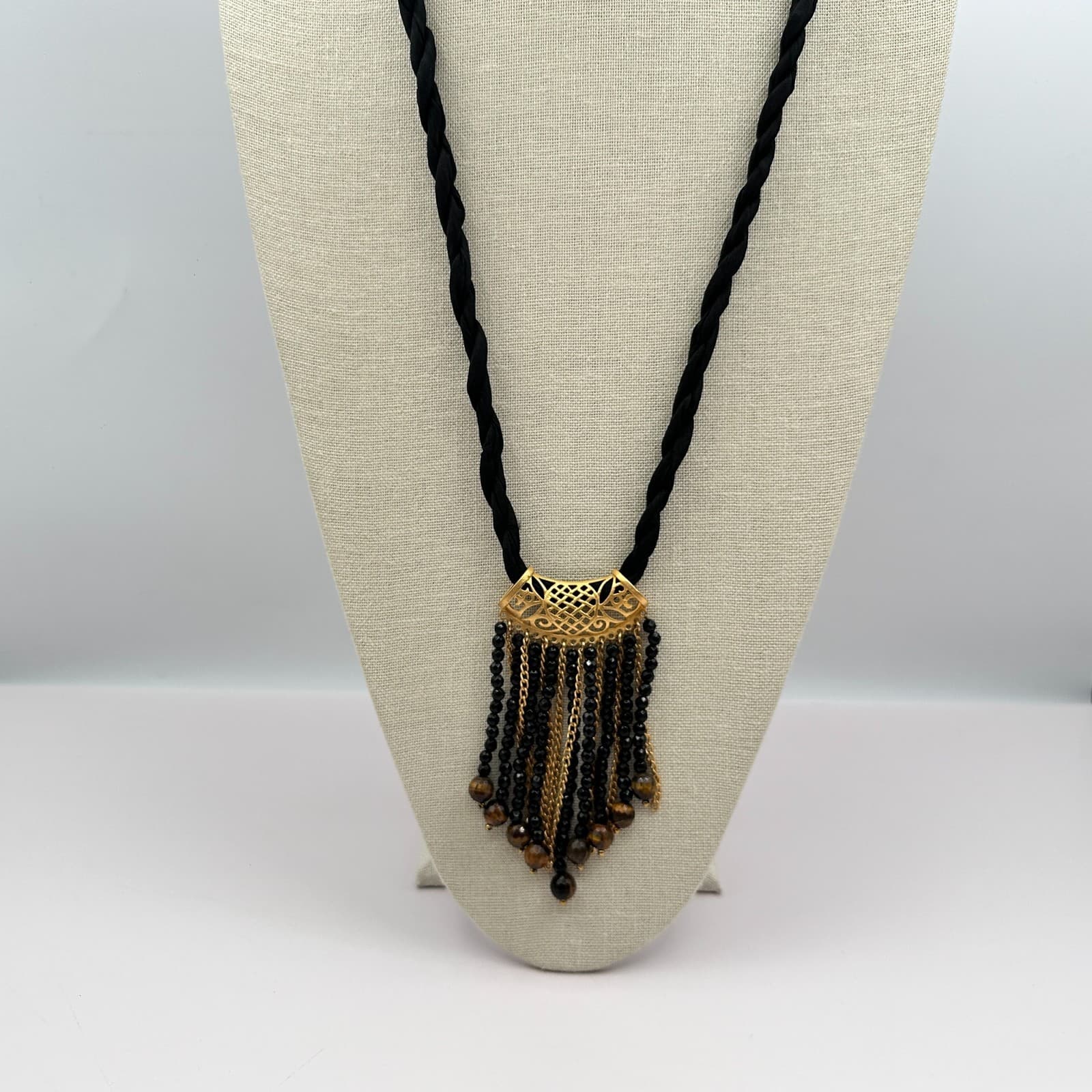 Vintage 80s Gold Tone Filigre Tassel Necklace Black Beads Tribal Pendant Jewelry - Thumbnail 4