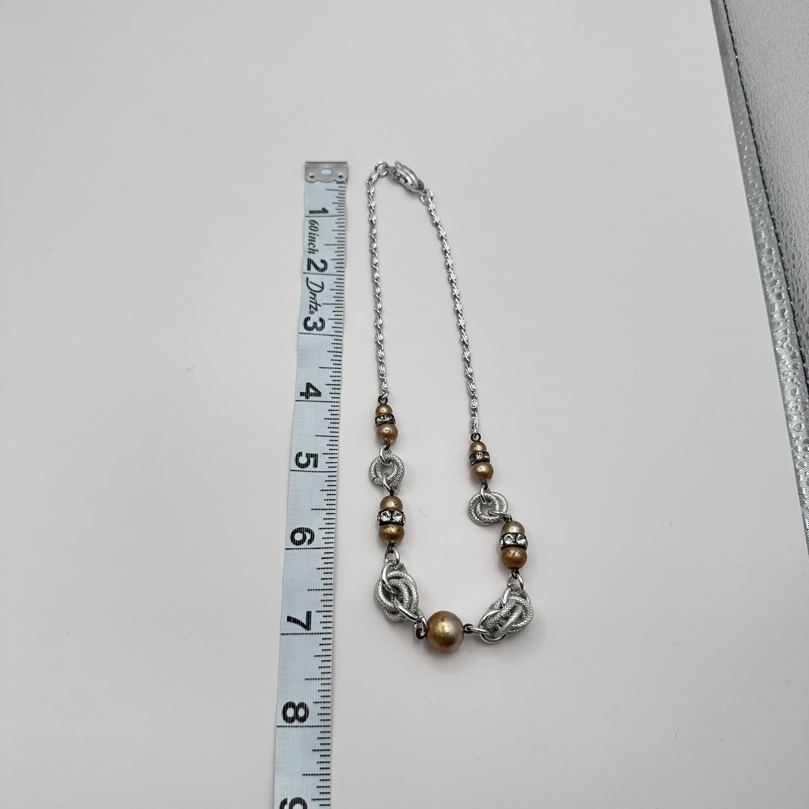 Vintage Y2K Silver Tone Faux Pearl Beaded Rhinestone Necklace Statement Jewelry - Thumbnail 8
