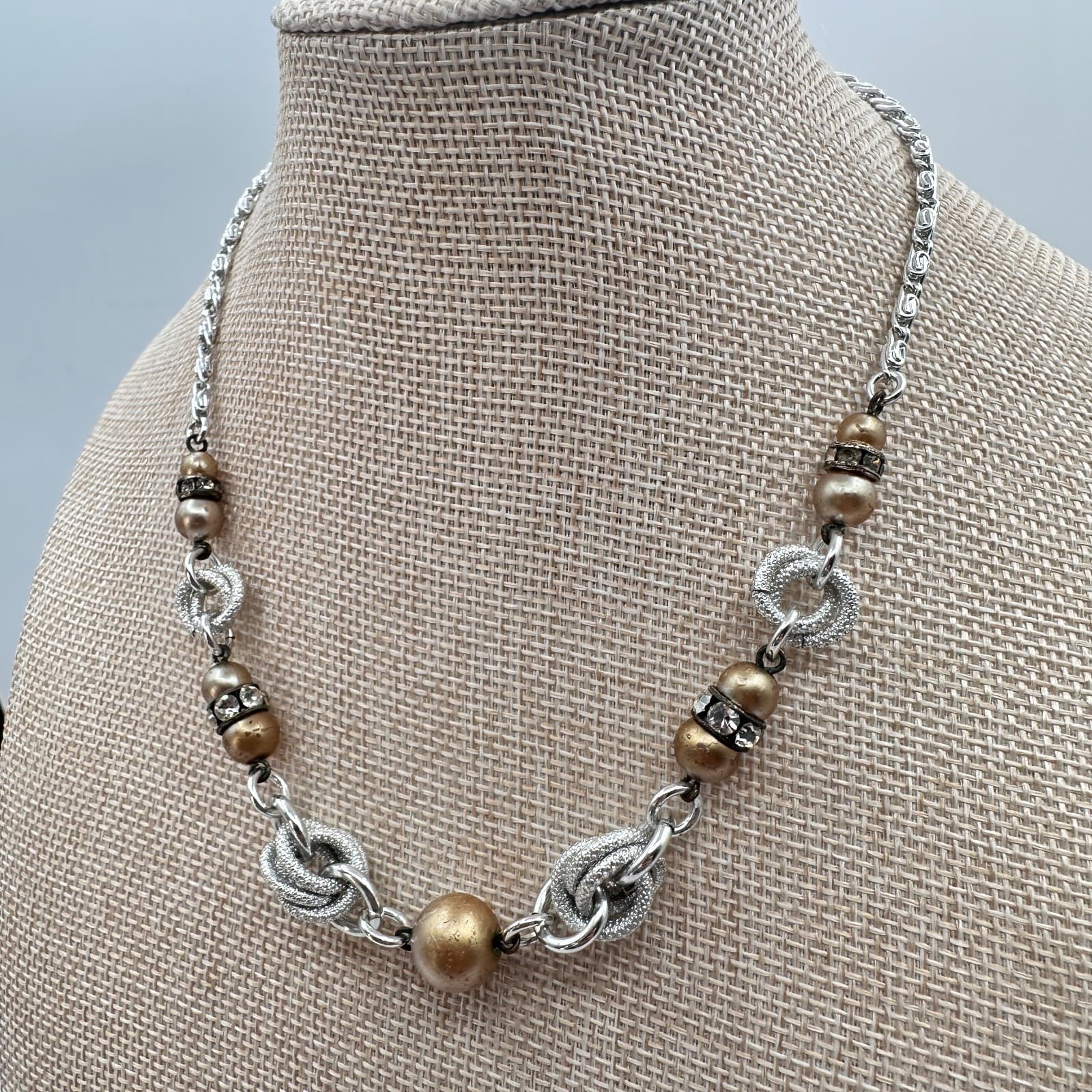 Vintage Y2K Silver Tone Faux Pearl Beaded Rhinestone Necklace Statement Jewelry - Thumbnail 5