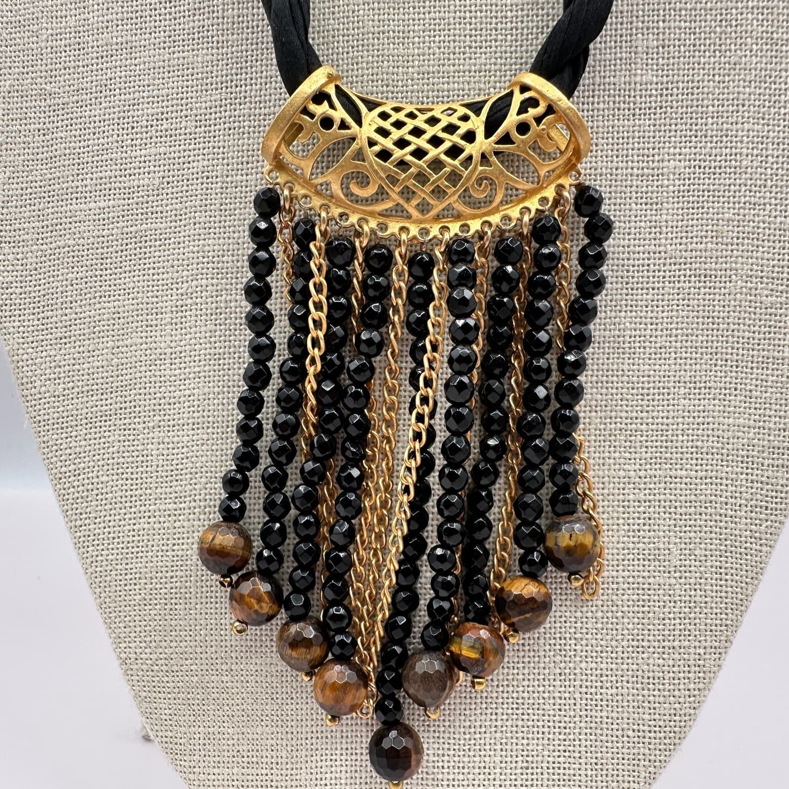 Vintage 80s Gold Tone Filigre Tassel Necklace Black Beads Tribal Pendant Jewelry - Thumbnail 3