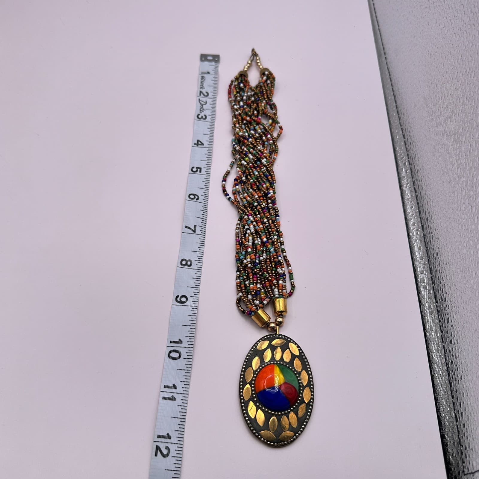 Vintage 80s Ethnic MultiStrand Seed Bead Necklace Tribal Brass Statement Jewelry - Thumbnail 10