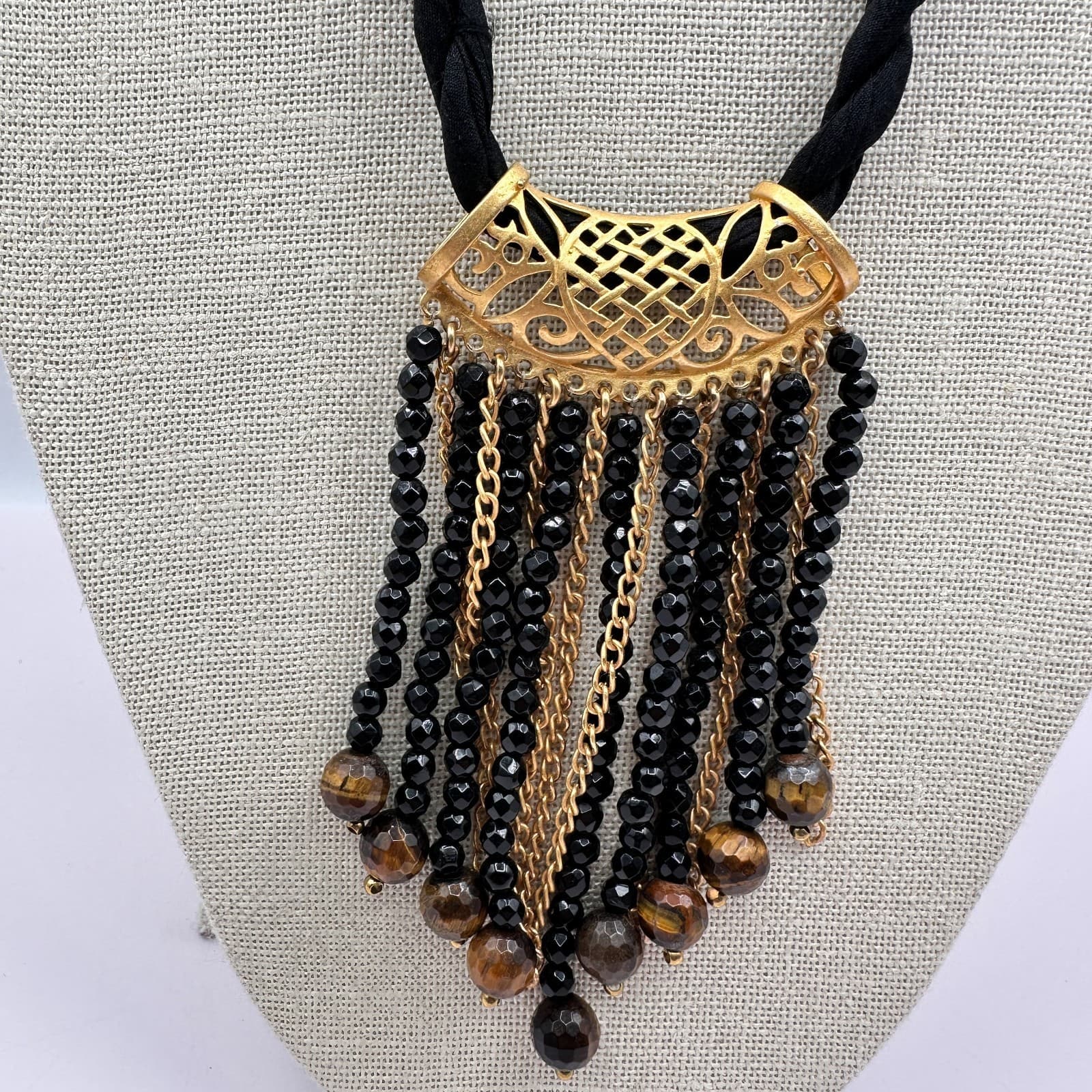 Vintage 80s Gold Tone Filigre Tassel Necklace Black Beads Tribal Pendant Jewelry - Thumbnail 2