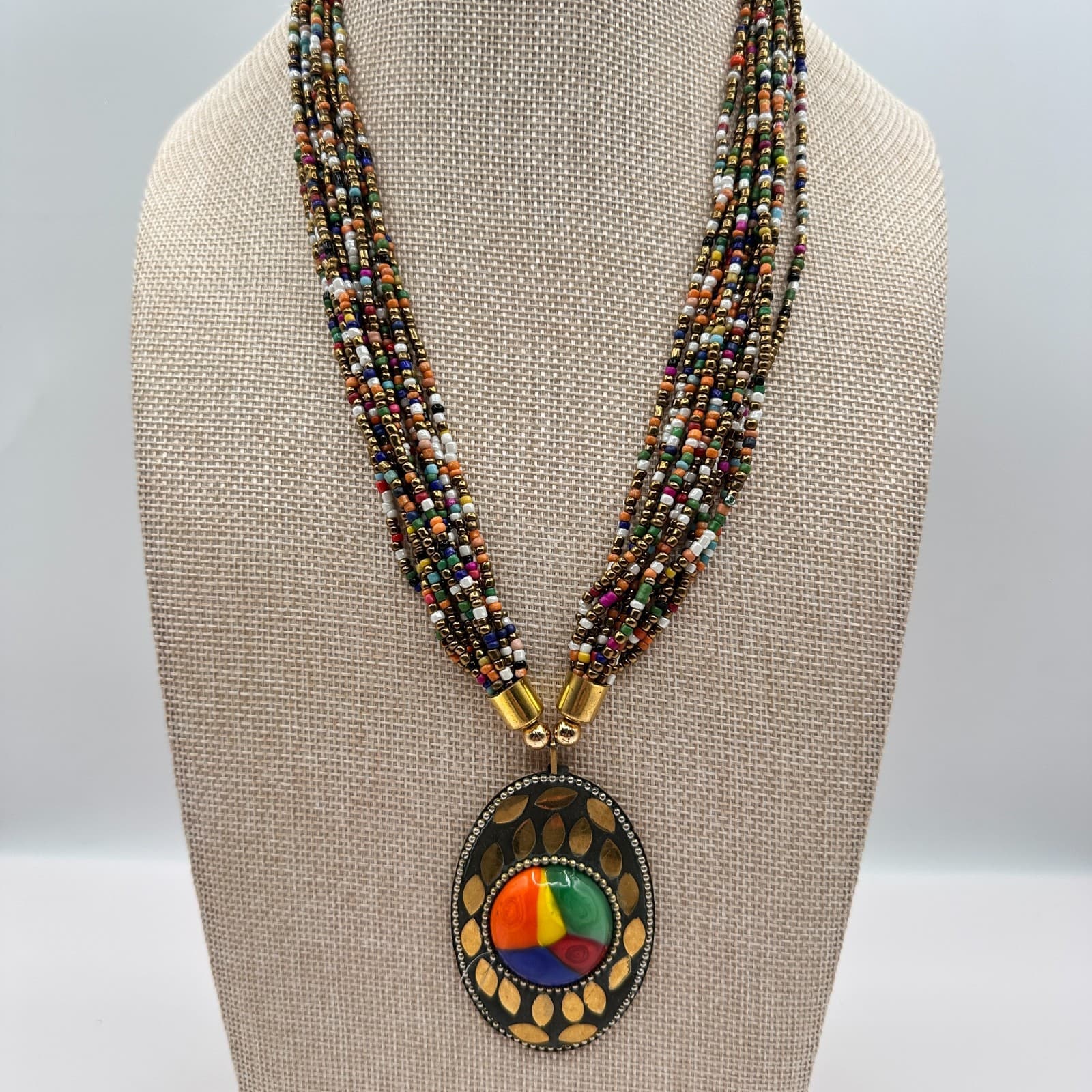 Vintage 80s Ethnic MultiStrand Seed Bead Necklace Tribal Brass Statement Jewelry - Thumbnail 5