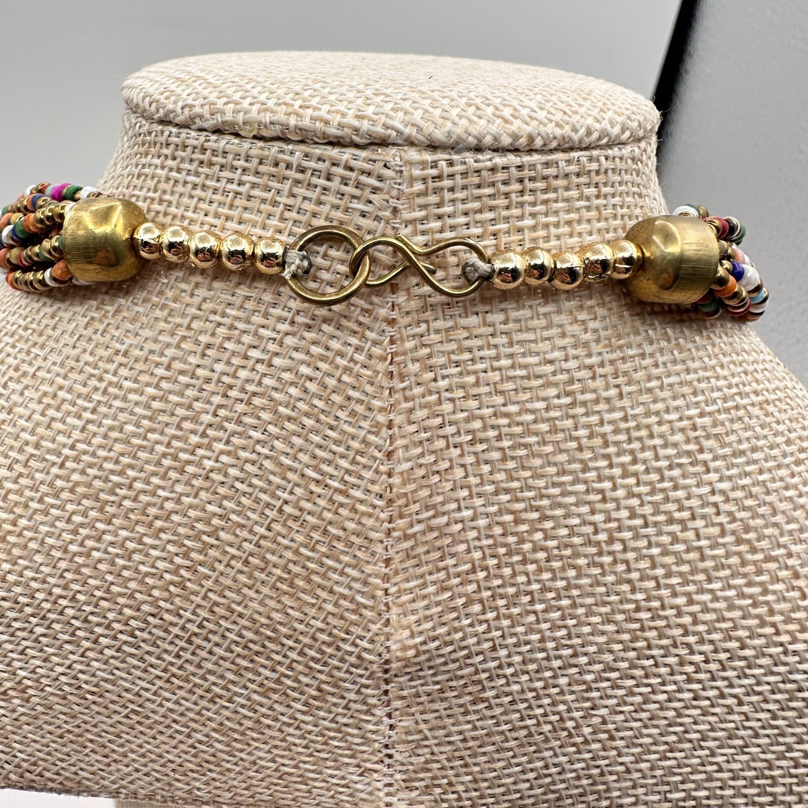 Vintage 80s Ethnic MultiStrand Seed Bead Necklace Tribal Brass Statement Jewelry - Thumbnail 9