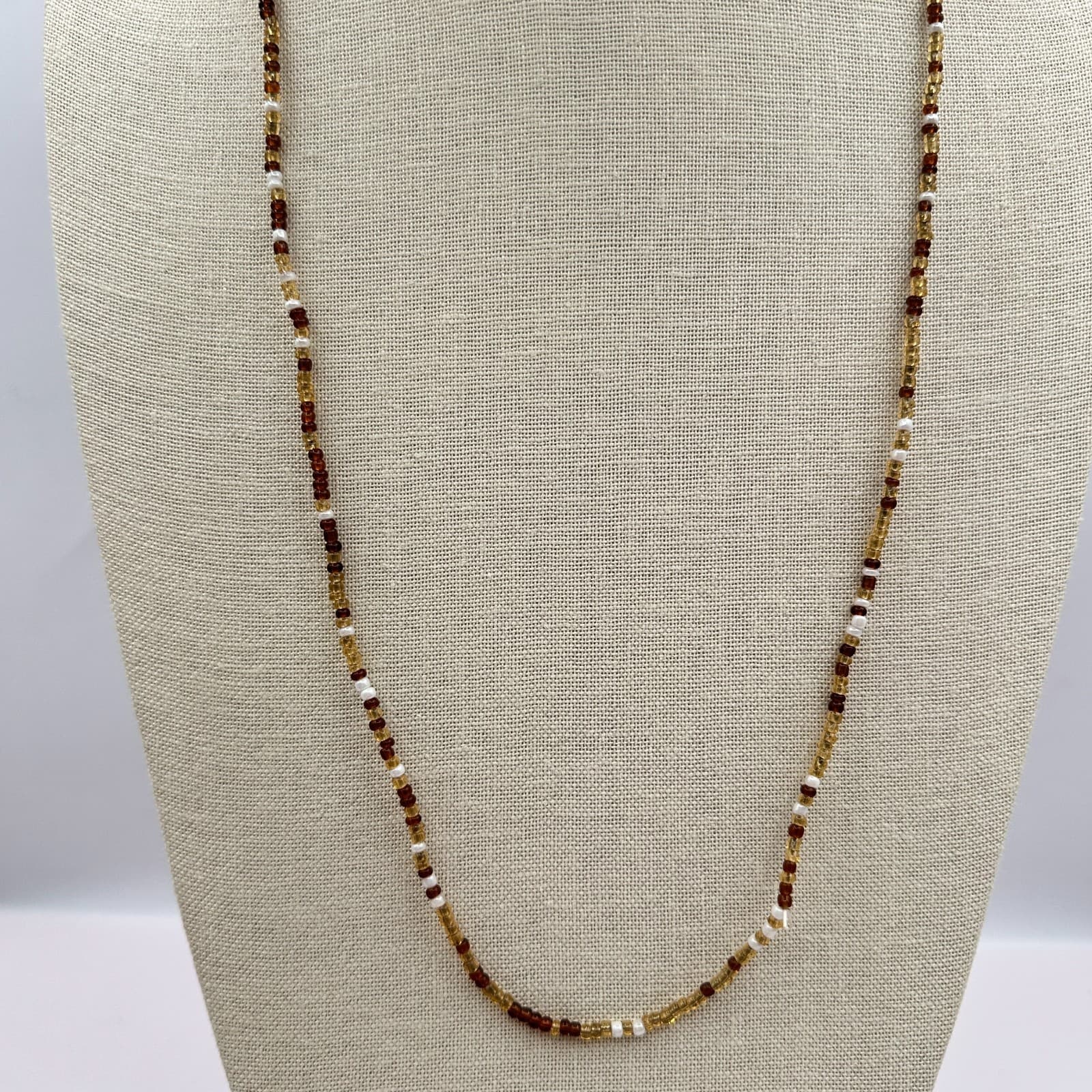 Vintage 70s Artisan Earth tone Glass Bead Strand Necklace Honey Amber Jewelry - Thumbnail 7