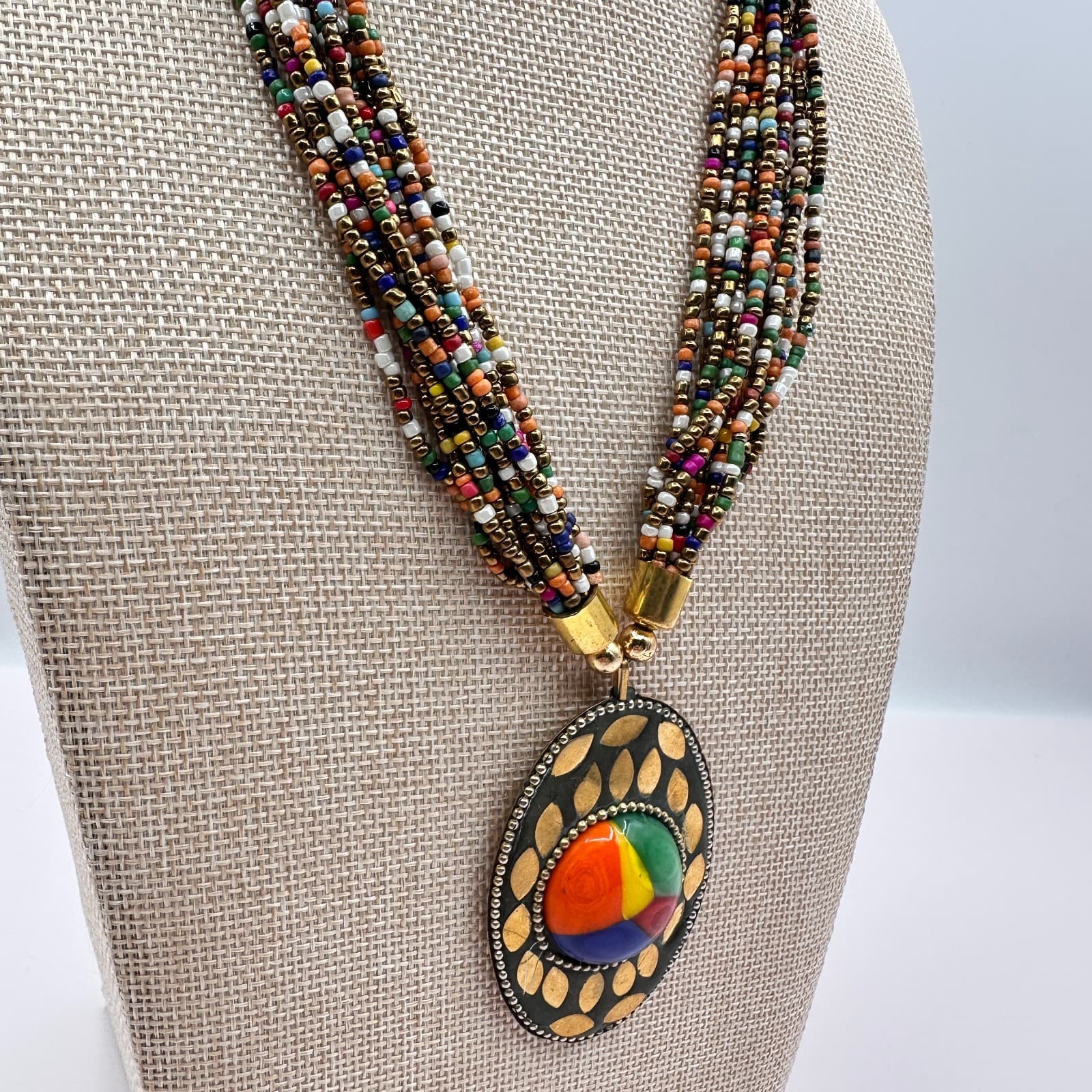 Vintage 80s Ethnic MultiStrand Seed Bead Necklace Tribal Brass Statement Jewelry - Thumbnail 7