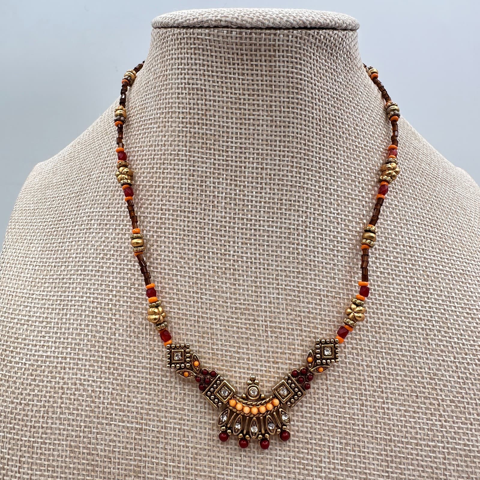 Vintage Y2K Gold Tone Rhinestone Seed Beaded Necklace Boho Women's Jewelry - Thumbnail 2