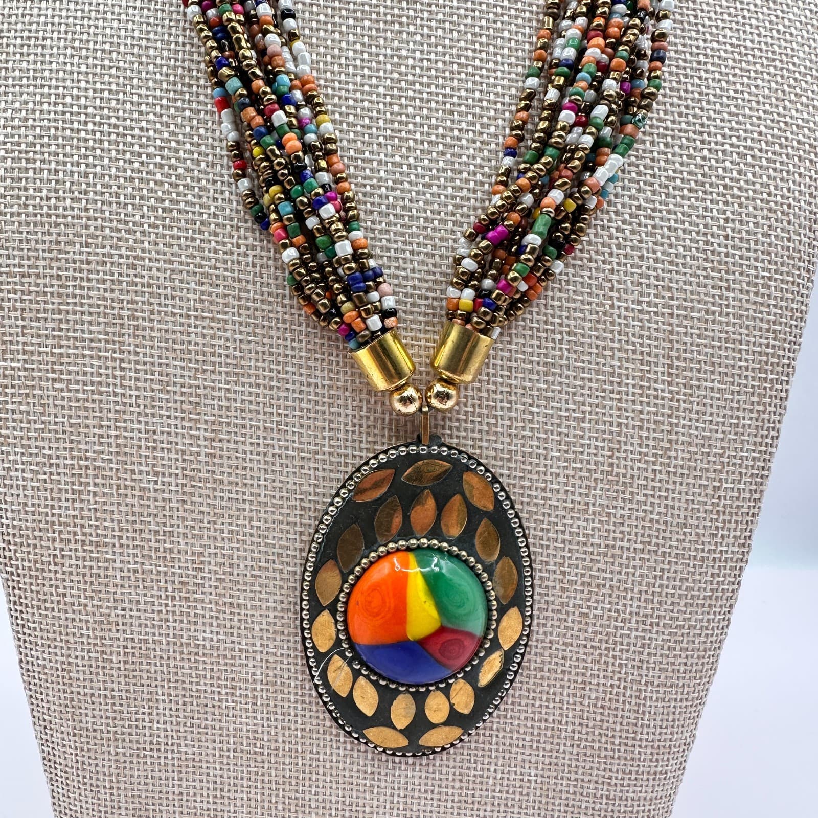 Vintage 80s Ethnic MultiStrand Seed Bead Necklace Tribal Brass Statement Jewelry - Thumbnail 2