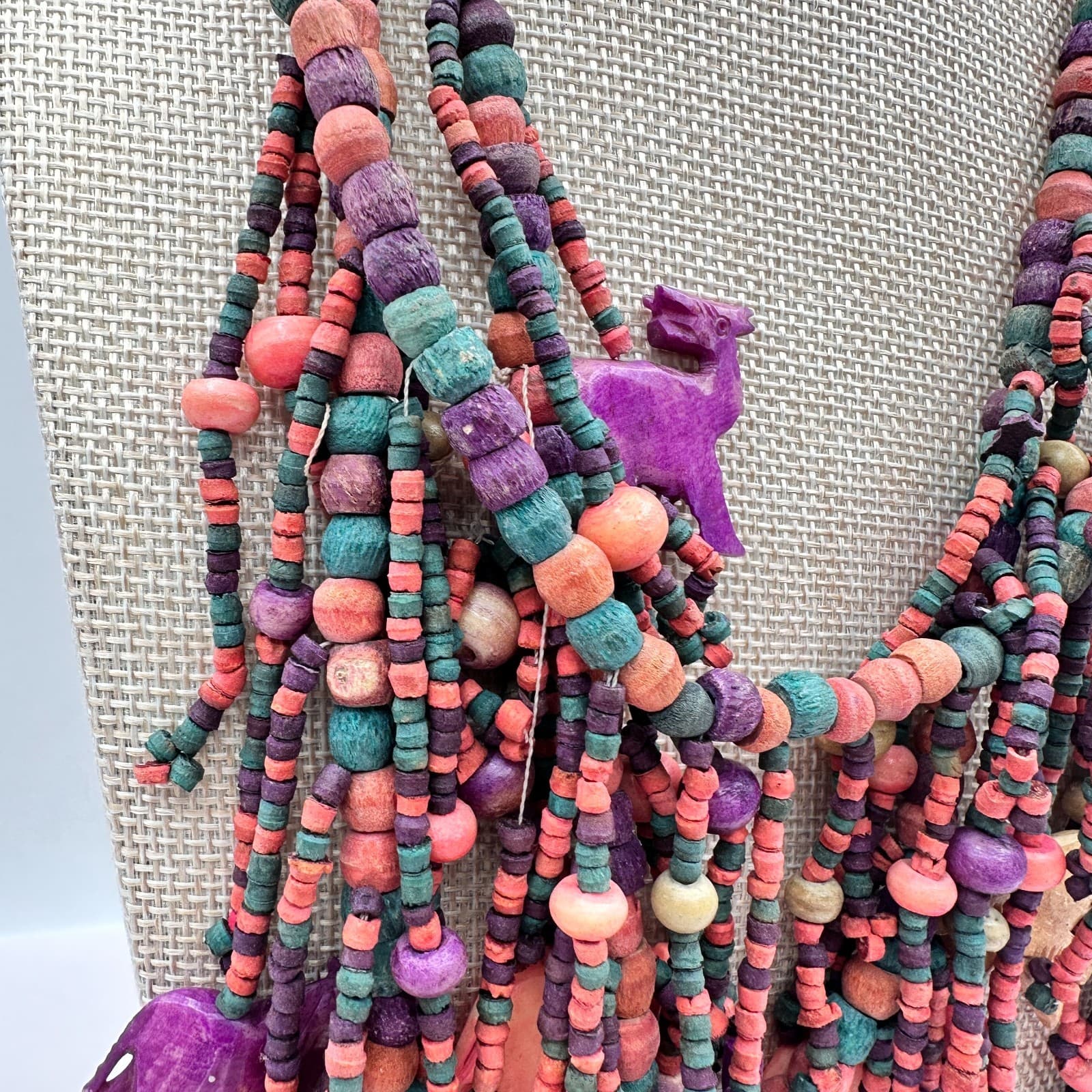 Vintage 70s Multi-Strand Carved Wood Fetish Beaded Statement Necklace Jewelry - Thumbnail 3