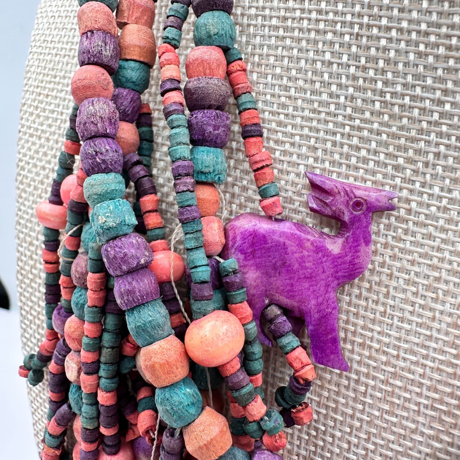 Vintage 70s Multi-Strand Carved Wood Fetish Beaded Statement Necklace Jewelry - Thumbnail 5