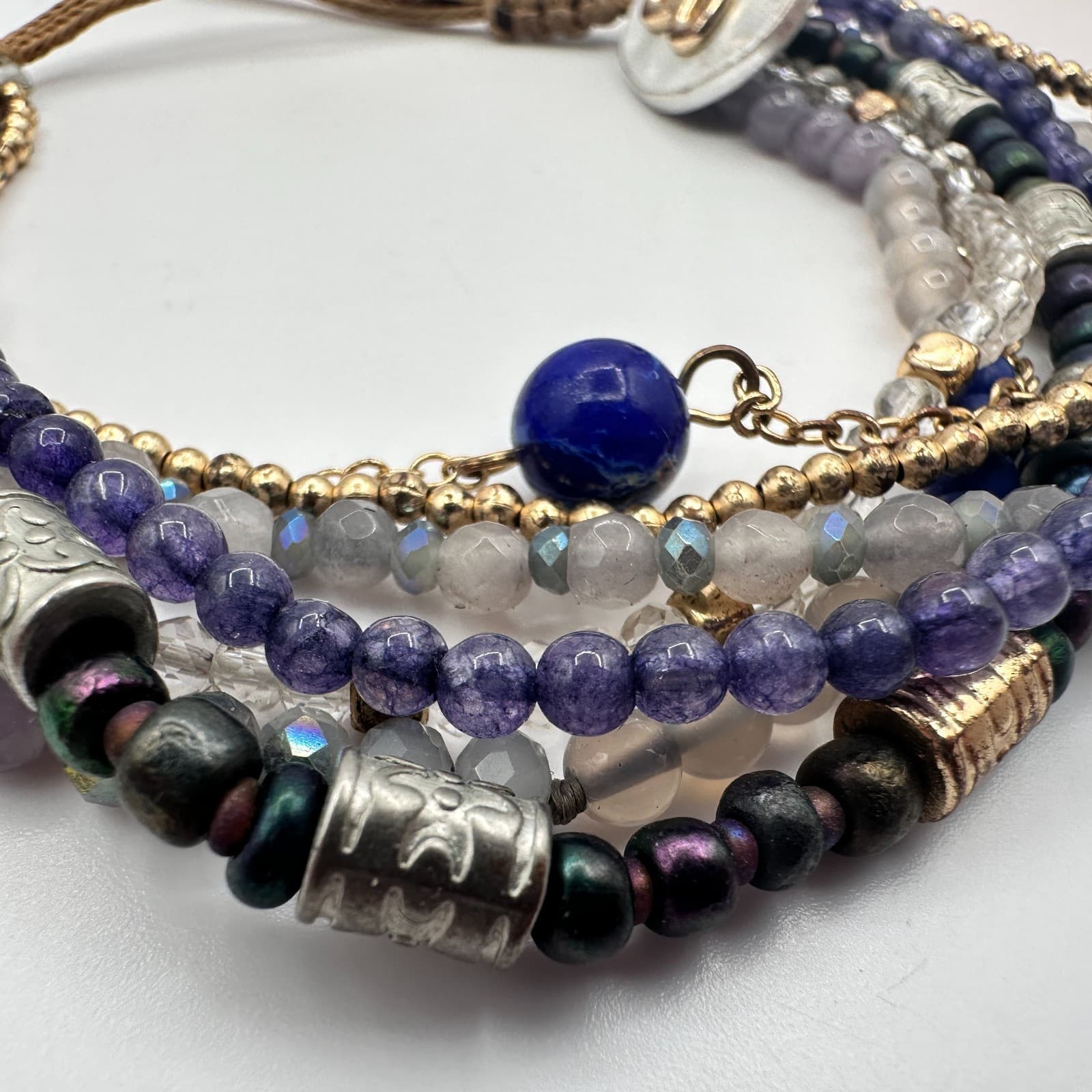 Vintage 70s Beaded Indigo Bracelet Multi-strand Blue Glass Heart Charm Jewelry - Thumbnail 4