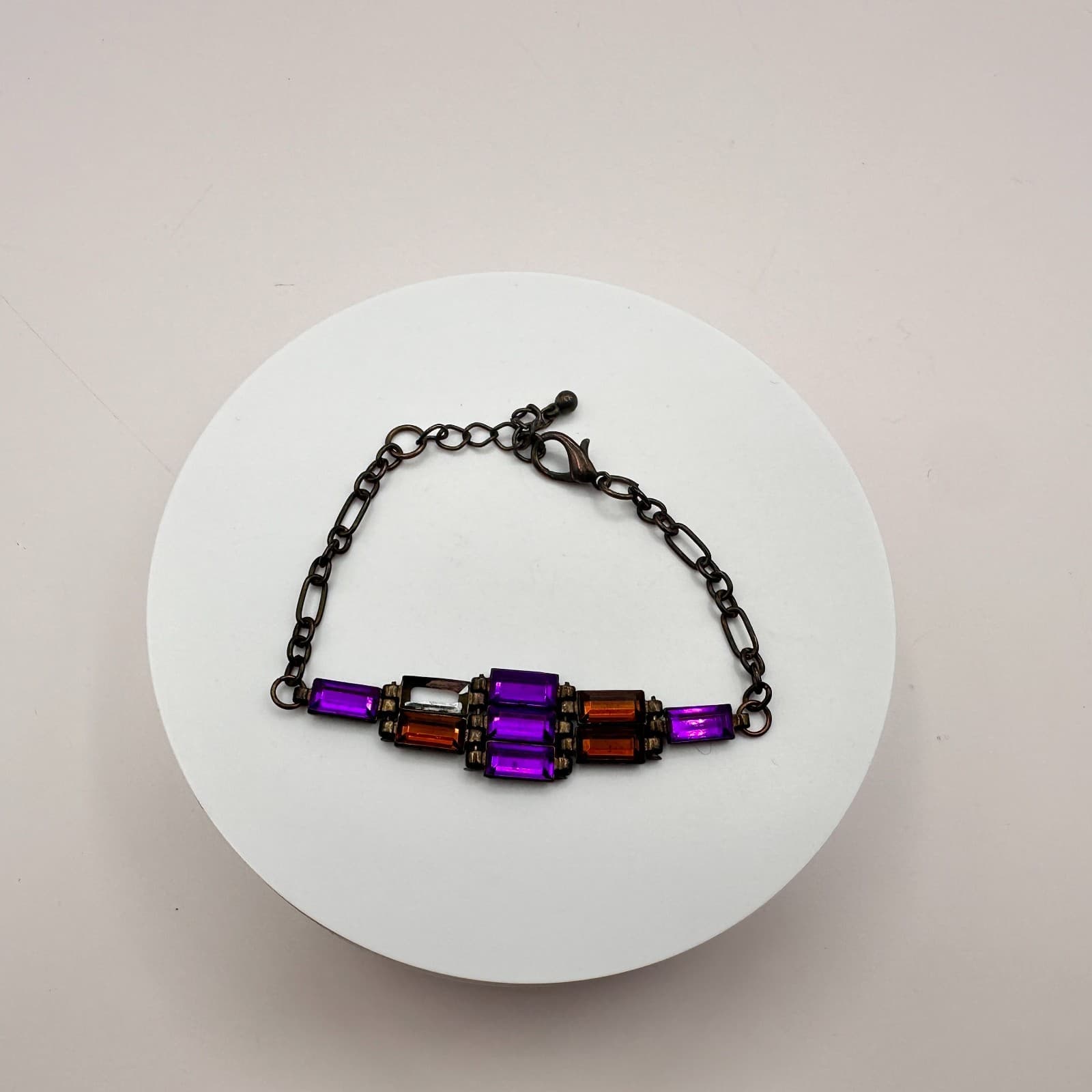 Vintage 90s Purple & Amber Glass Bracelet Antique Bronze Tone Boho Statement - Thumbnail 5