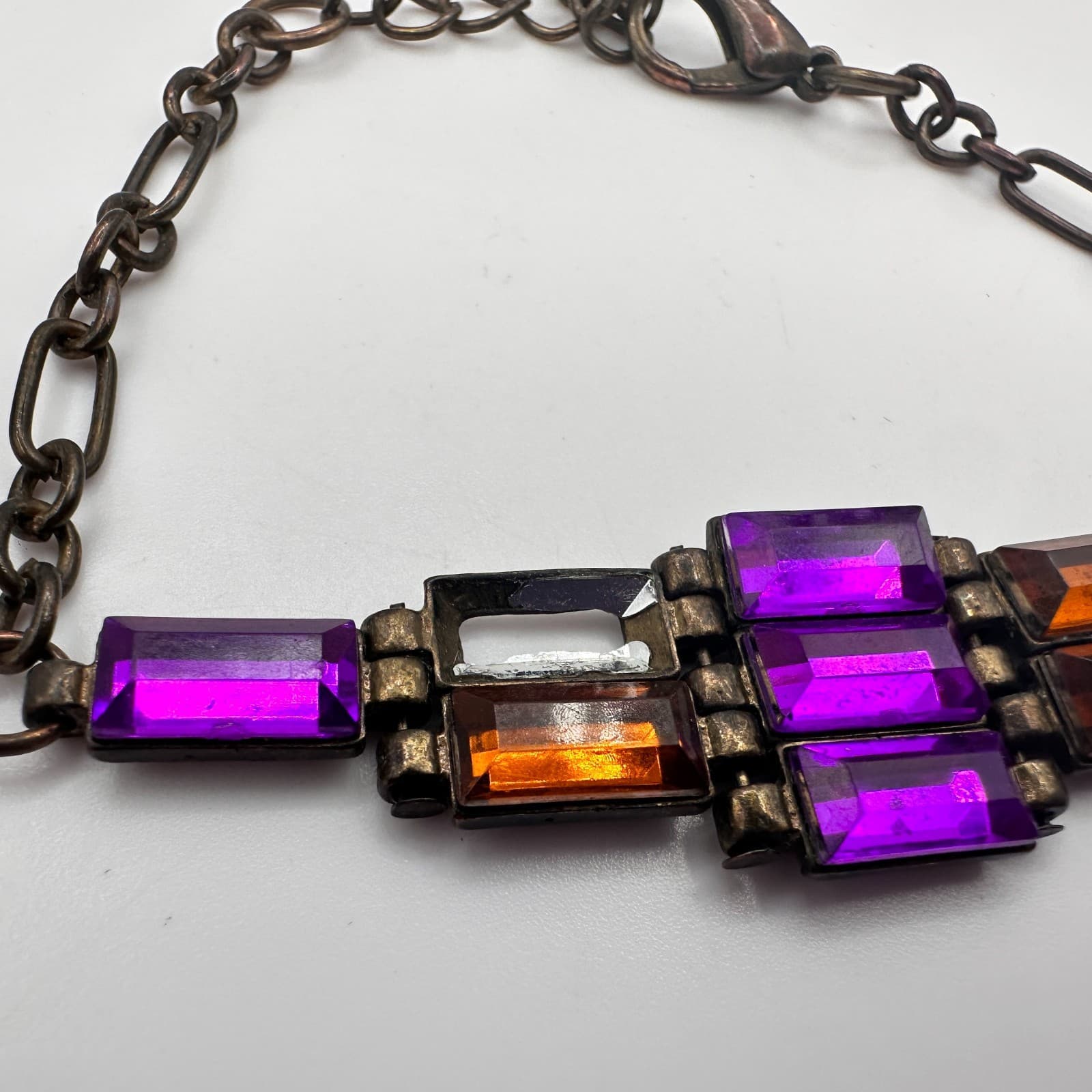 Vintage 90s Purple & Amber Glass Bracelet Antique Bronze Tone Boho Statement - Thumbnail 3