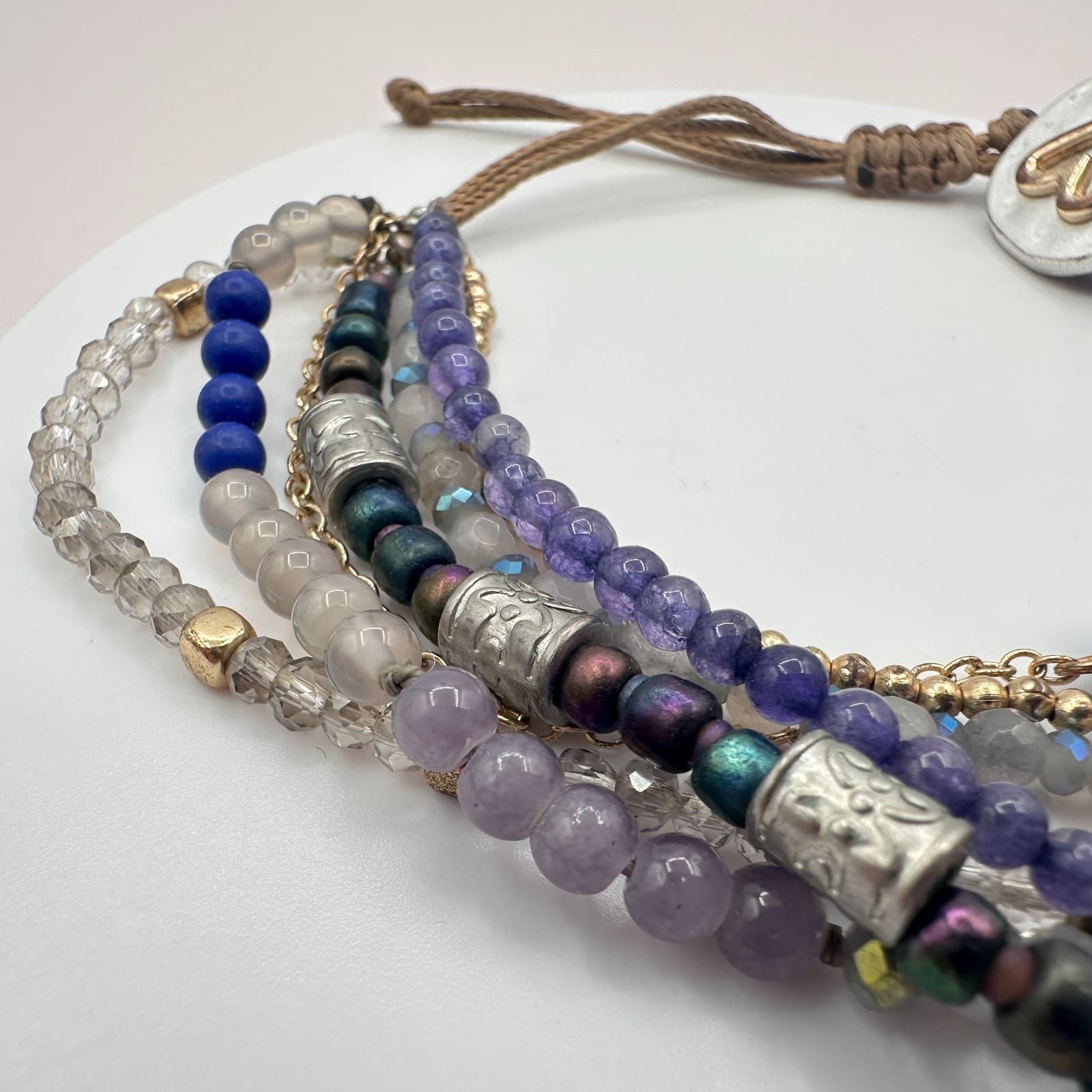 Vintage 70s Beaded Indigo Bracelet Multi-strand Blue Glass Heart Charm Jewelry - Thumbnail 3