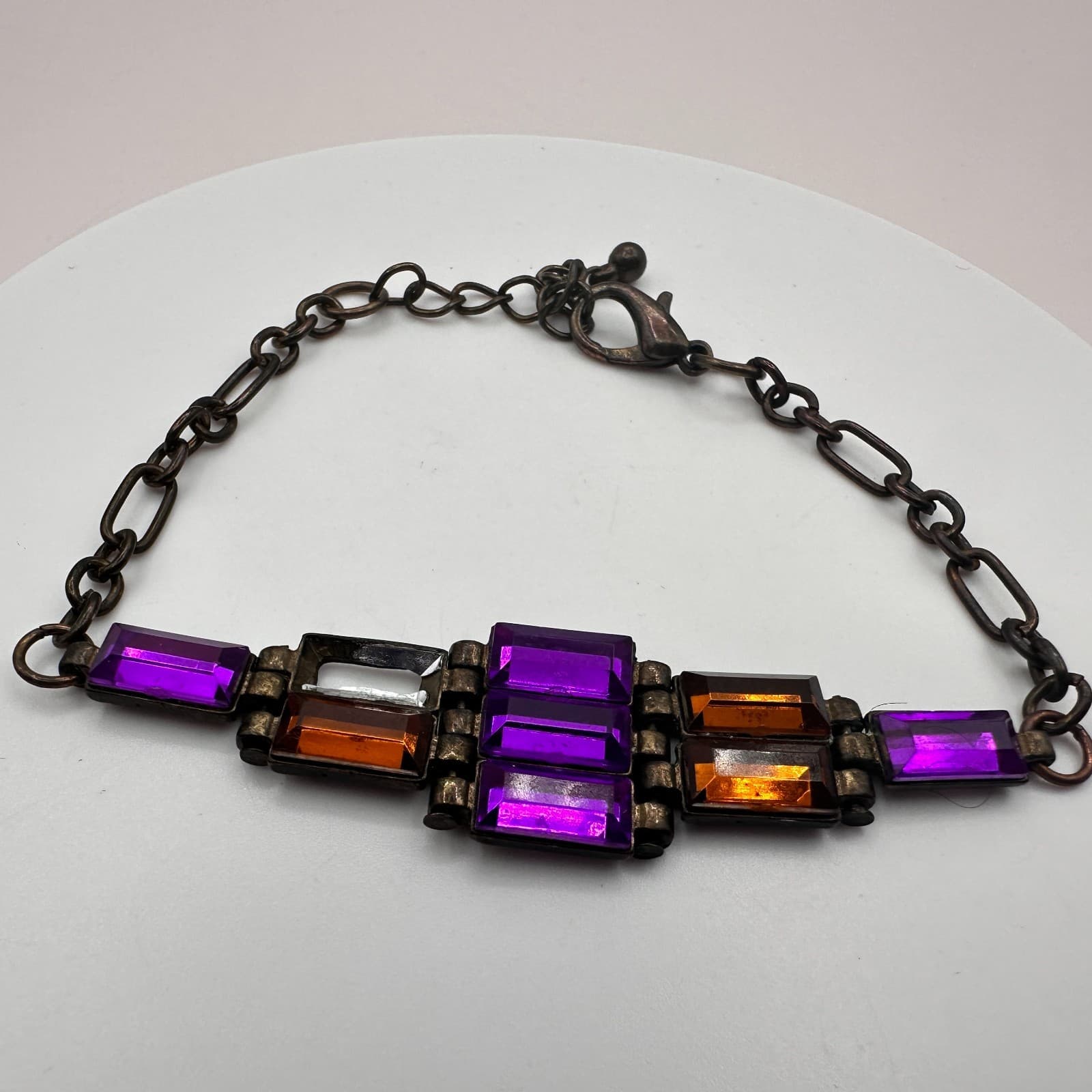 Vintage 90s Purple & Amber Glass Bracelet Antique Bronze Tone Boho Statement - Thumbnail 2