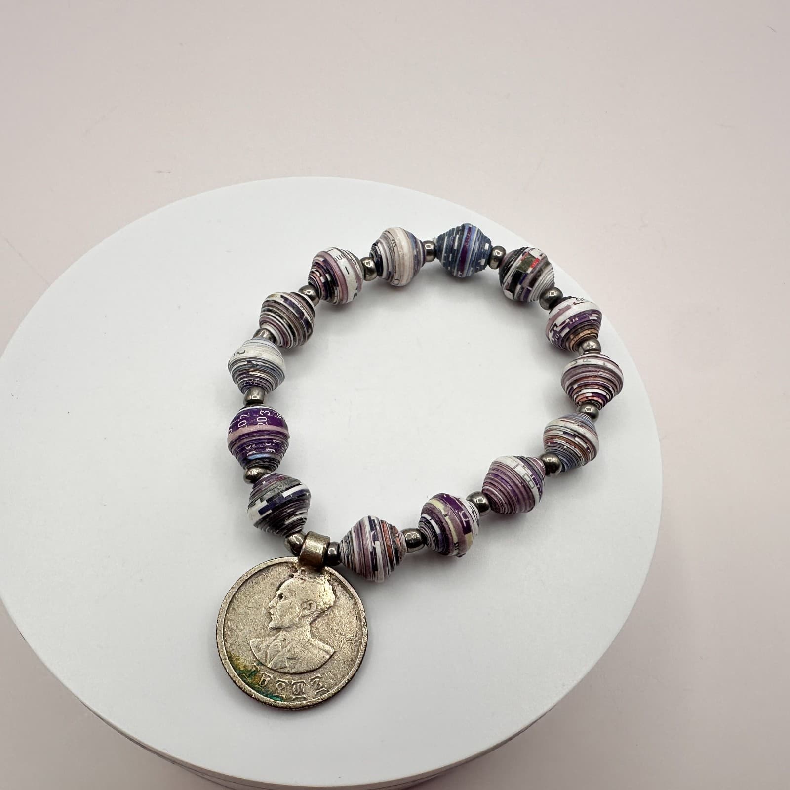 Vintage 90s Rolled Recycled Paper Beaded Coin Ethiopia Haile Selassie Bracelet - Thumbnail 6