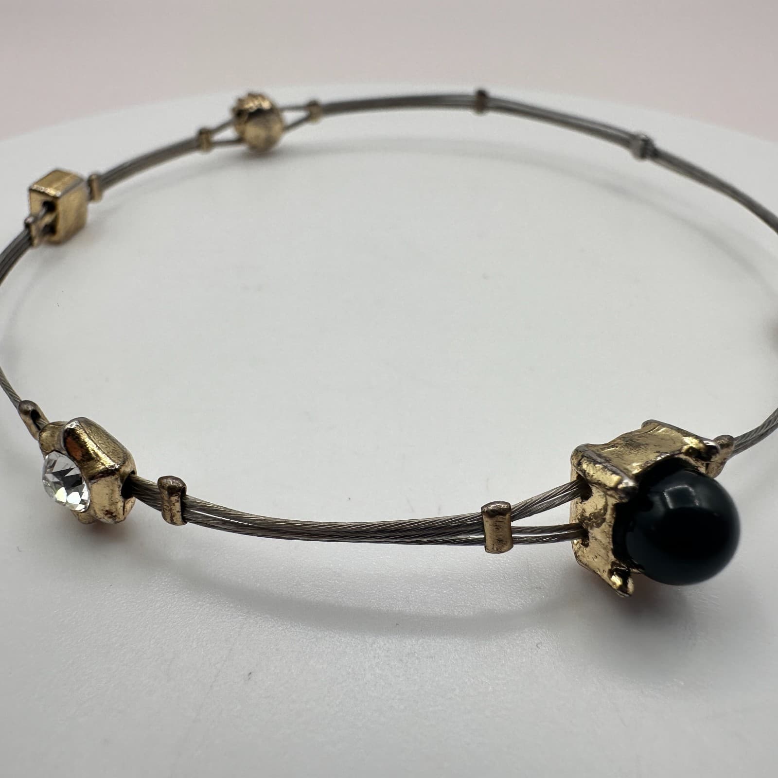 Vintage 90s Metal Cable Bangle Bracelet Black & Clear Glass Fashion Jewelry - Thumbnail 3