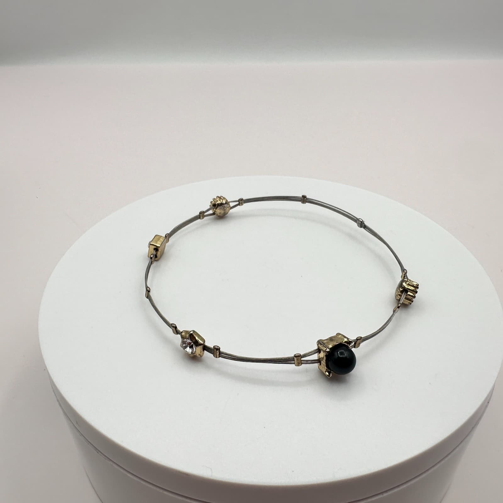 Vintage 90s Metal Cable Bangle Bracelet Black & Clear Glass Fashion Jewelry - Thumbnail 5