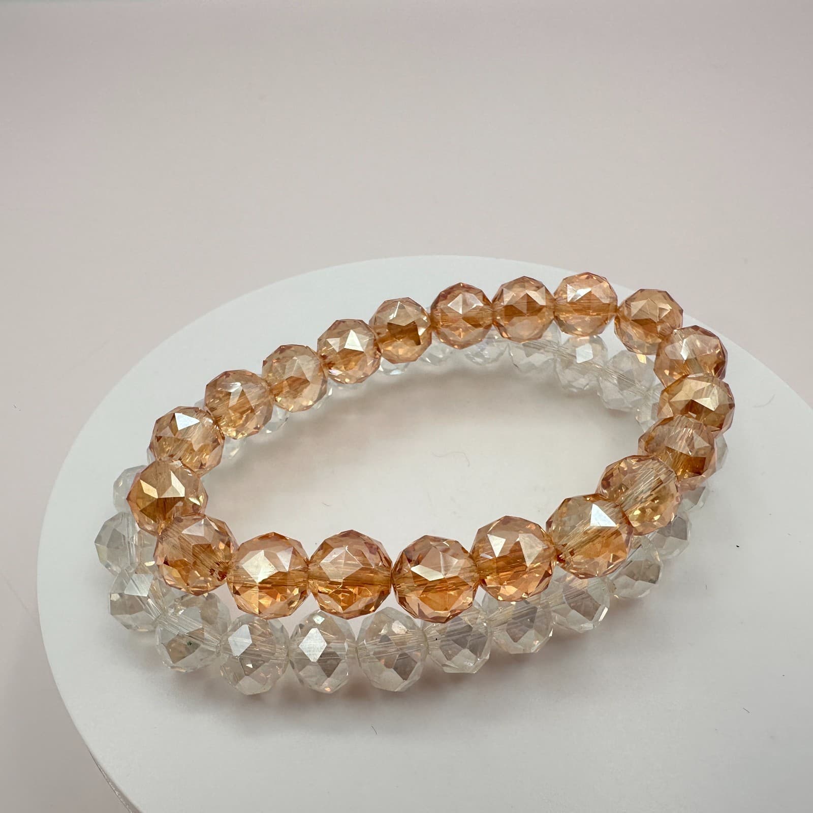Vintage 90s Amber & Clear Faceted Glass Beaded Stretch Bracelets Set Jewelry - Thumbnail 2