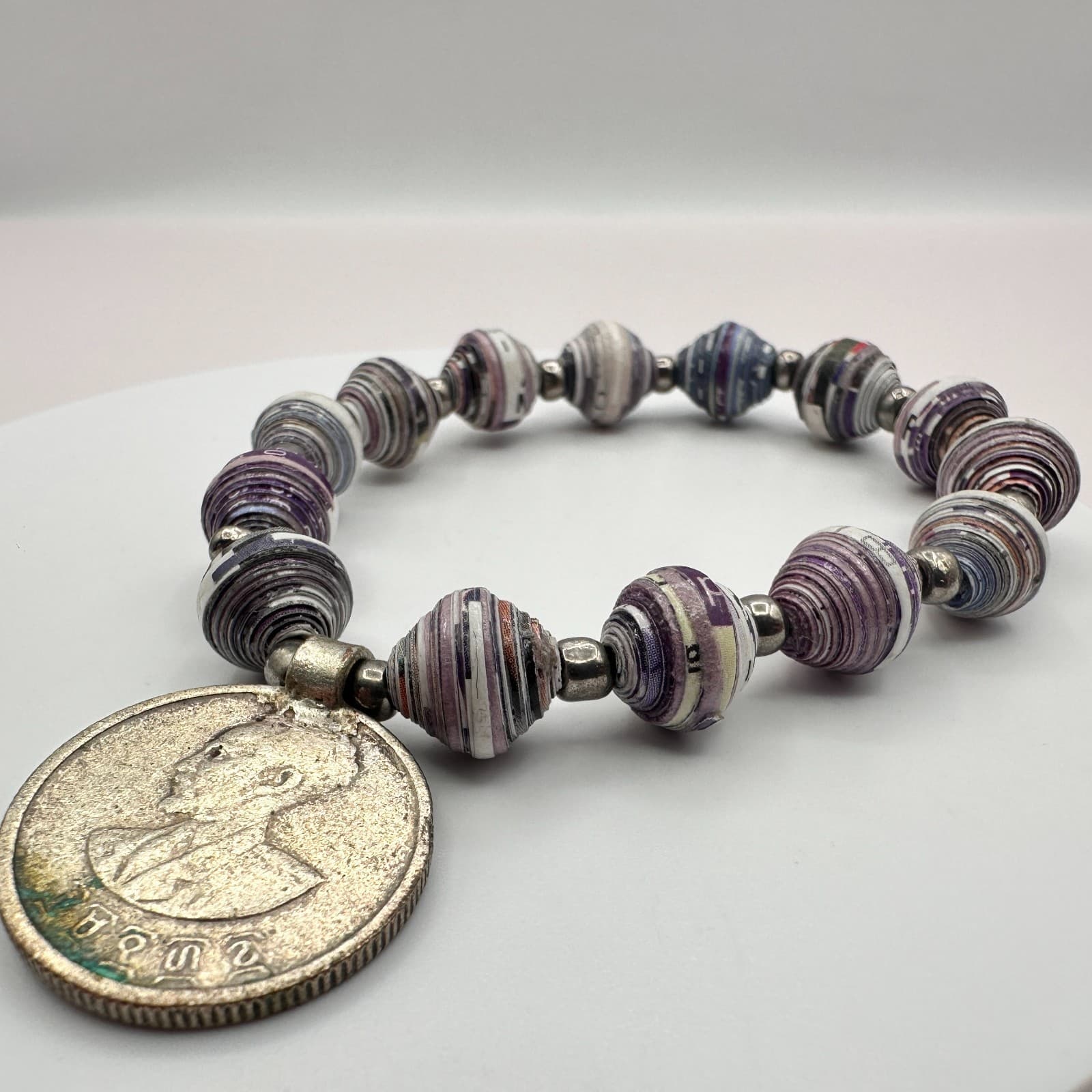 Vintage 90s Rolled Recycled Paper Beaded Coin Ethiopia Haile Selassie Bracelet - Thumbnail 5