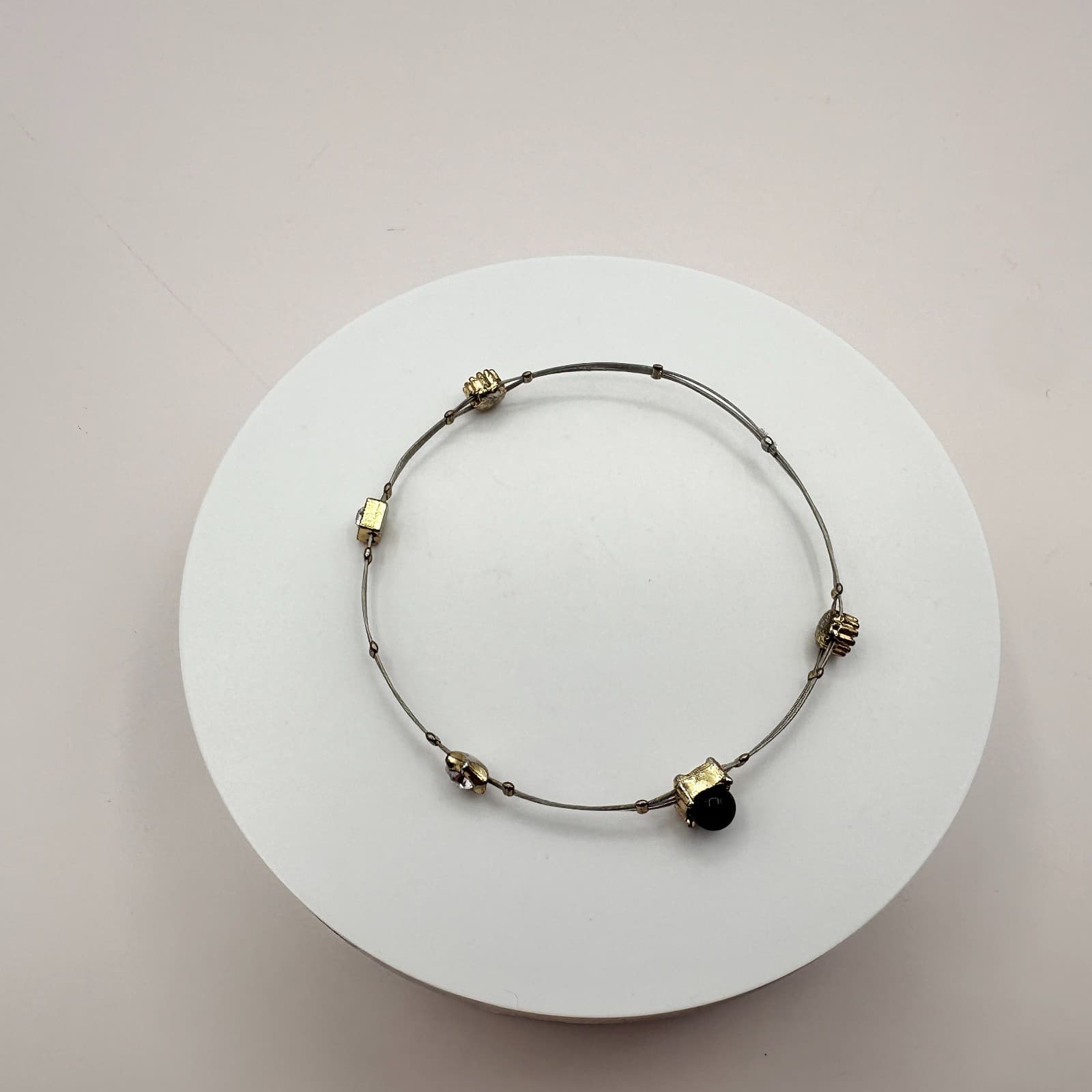 Vintage 90s Metal Cable Bangle Bracelet Black & Clear Glass Fashion Jewelry - Thumbnail 6