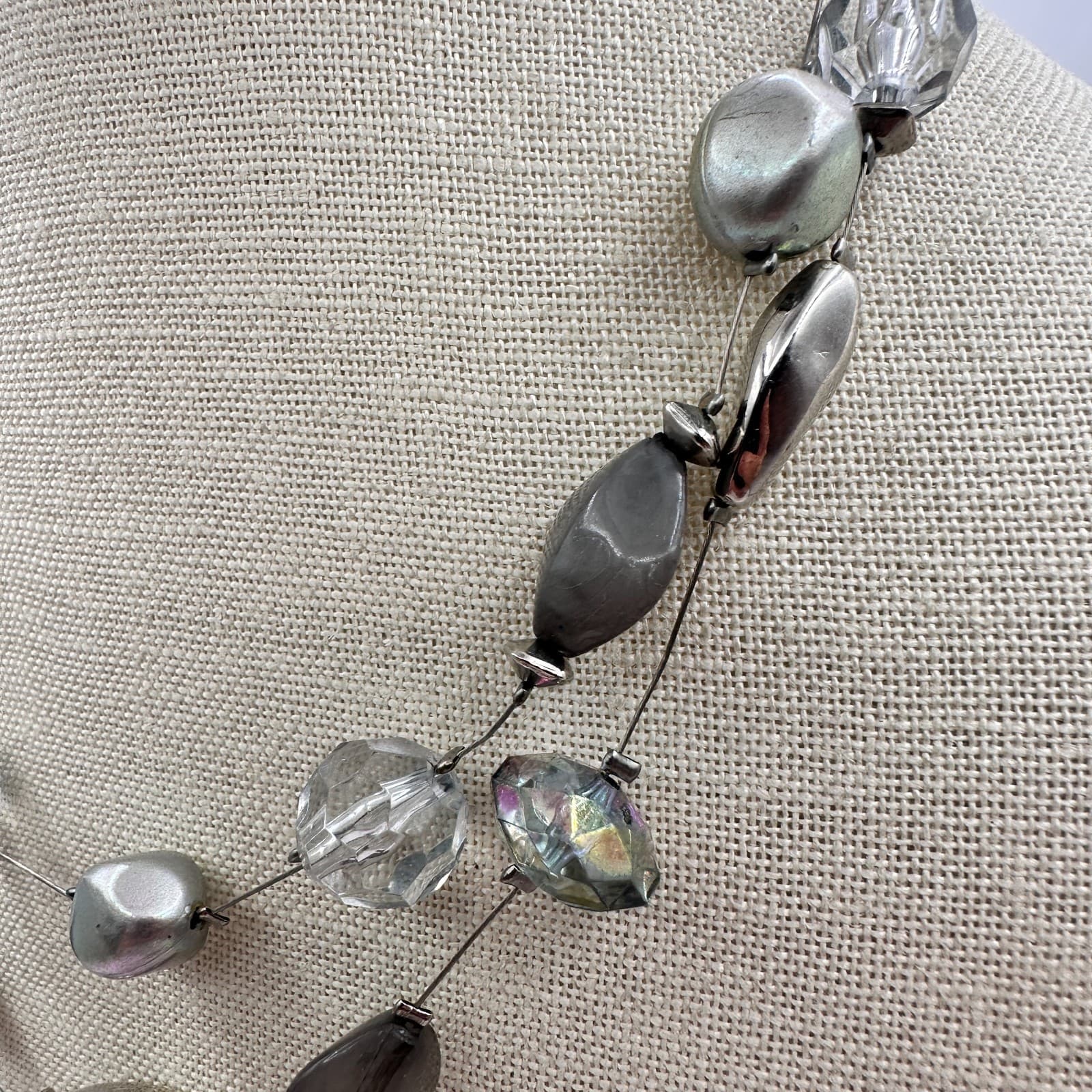 Vintage Y2K Silver Tone Multi-Strand Floating Beaded Necklace Women's Jewelry - Thumbnail 5