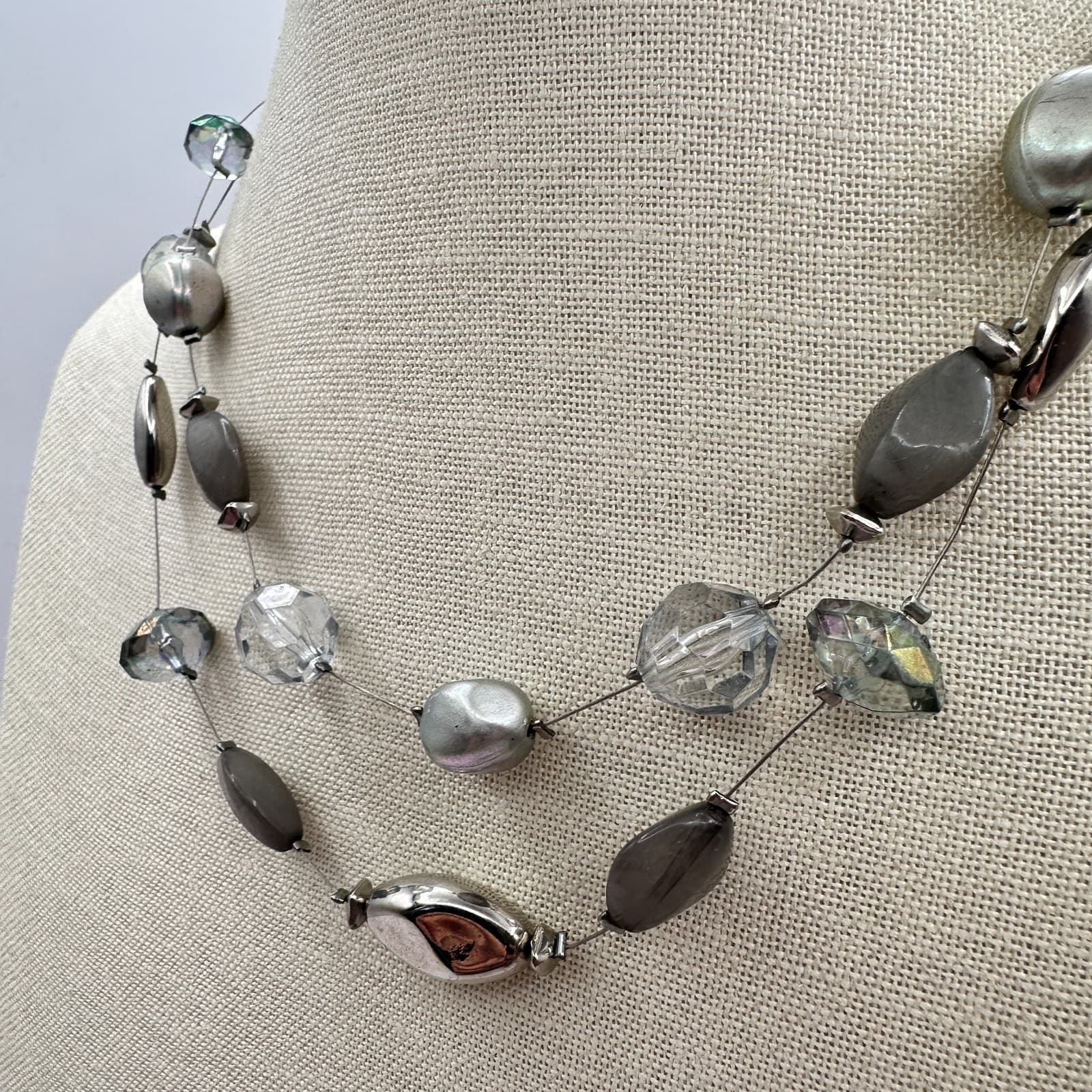 Vintage Y2K Silver Tone Multi-Strand Floating Beaded Necklace Women's Jewelry - Thumbnail 4
