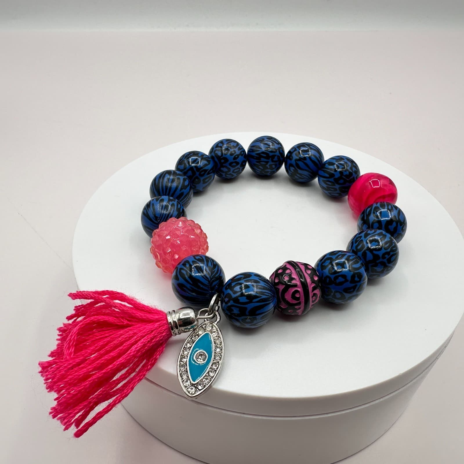 Vintage Y2K Leopard Print Evil Eye Tassel Charm Beaded Bracelet Women's Jewelry - Thumbnail 2