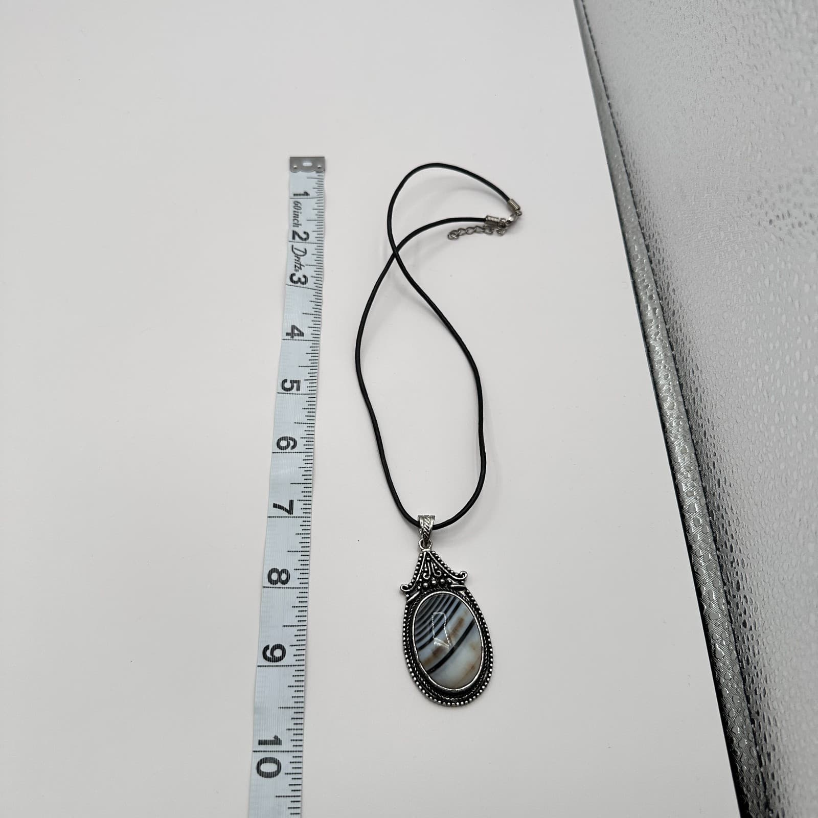 Vintage Y2k Silver Tone Zebra Agate Pendant Necklace Goth Cord Women's Jewelry - Thumbnail 11