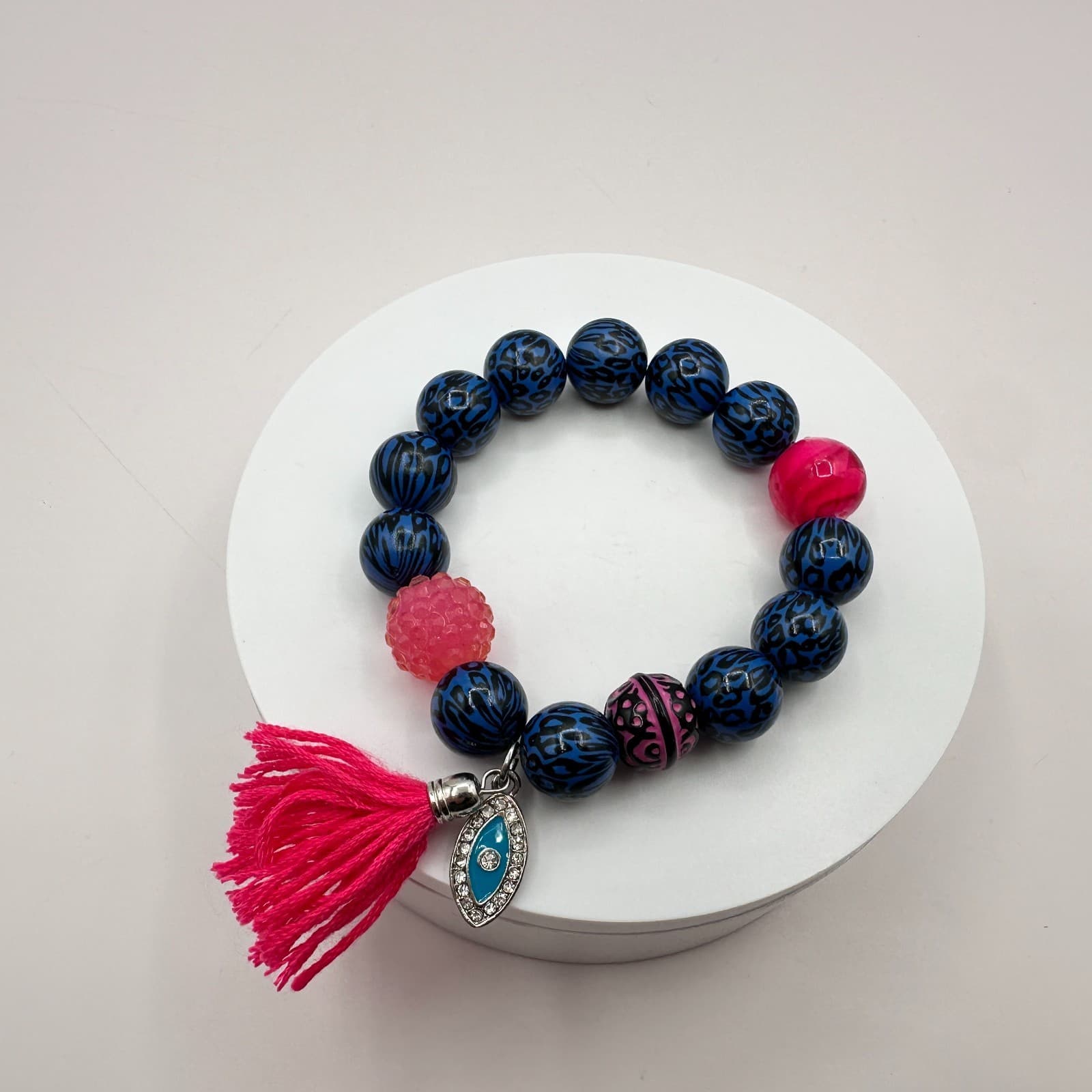 Vintage Y2K Leopard Print Evil Eye Tassel Charm Beaded Bracelet Women's Jewelry - Thumbnail 6