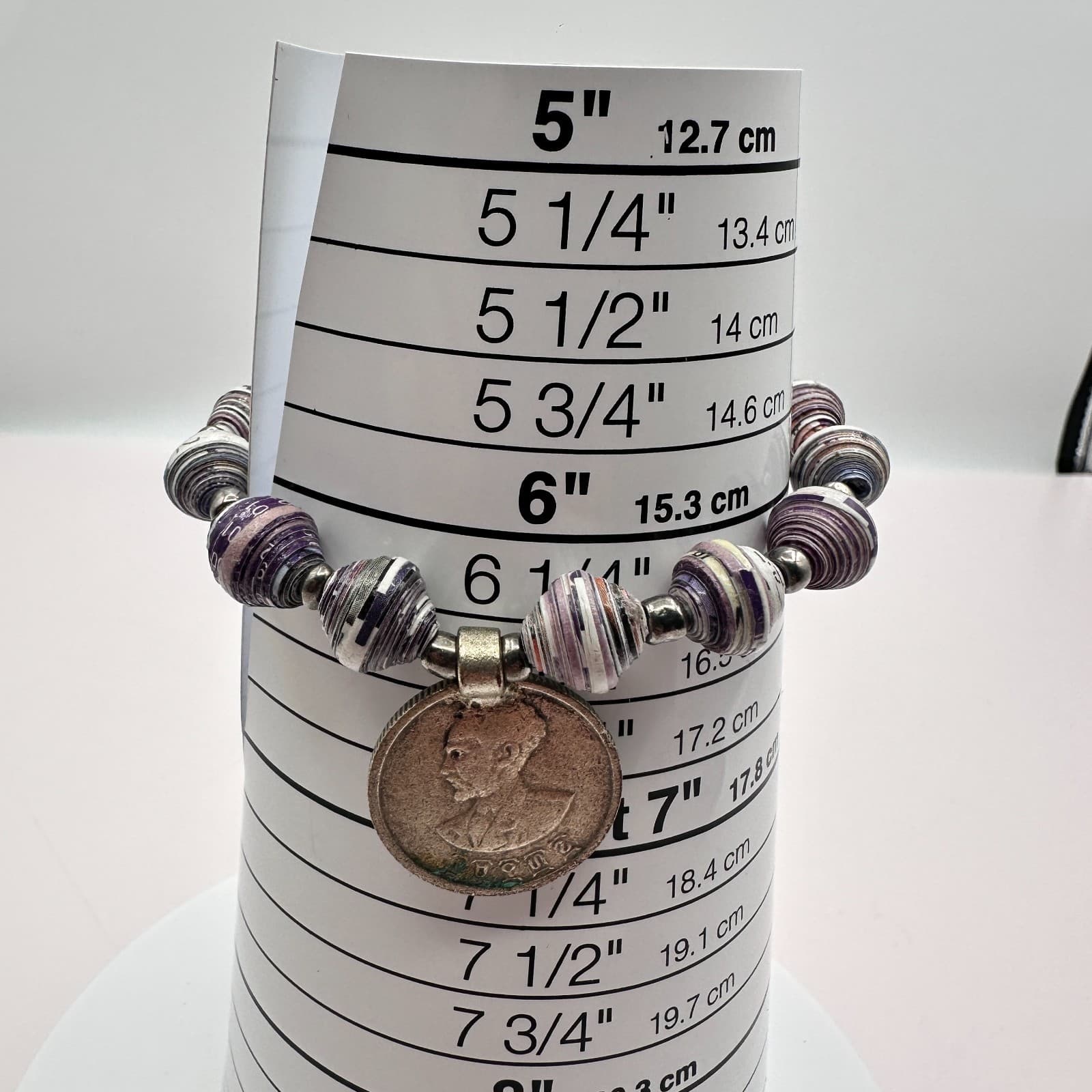Vintage 90s Rolled Recycled Paper Beaded Coin Ethiopia Haile Selassie Bracelet - Thumbnail 7