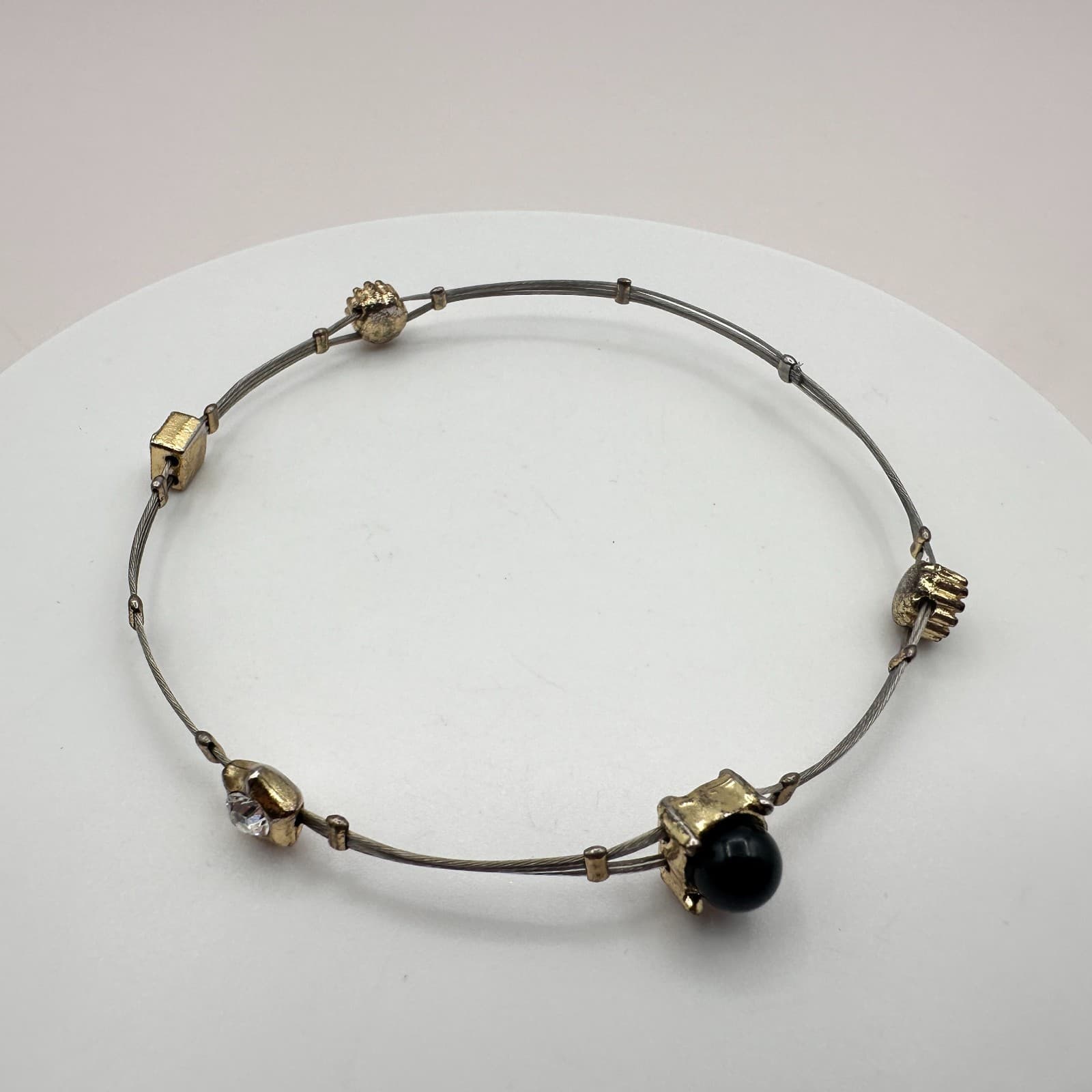 Vintage 90s Metal Cable Bangle Bracelet Black & Clear Glass Fashion Jewelry - Thumbnail 2