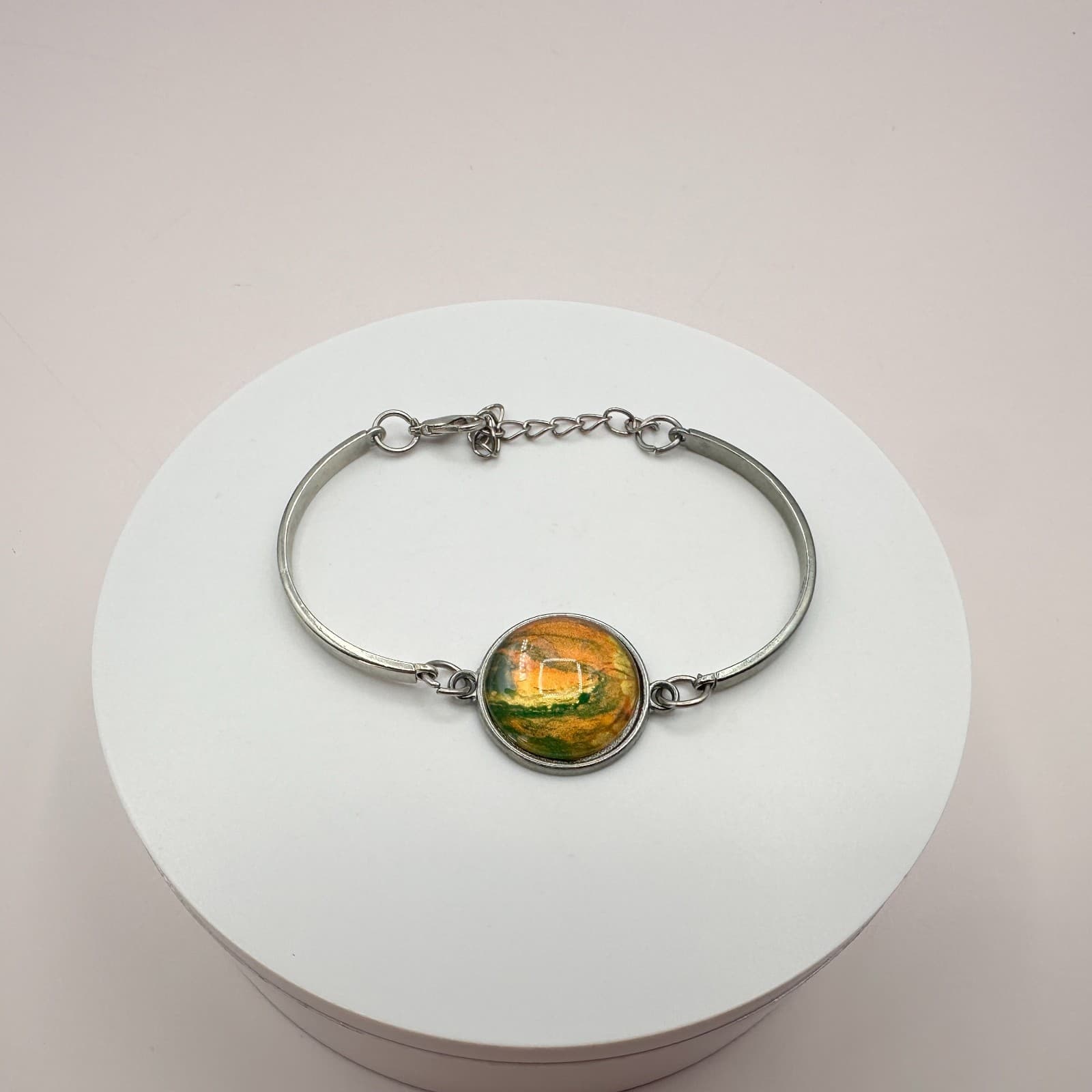 Vintage 90s SilverTone Glass Cabochon Bangle Bracelets Set Retro Fashion Jewelry - Thumbnail 3