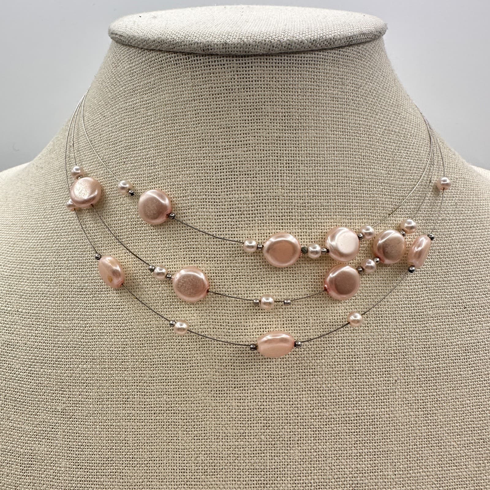 Vintage Y2K Floating Pink Faux Pearl Multi Strand Choker Necklace Jewelry - Thumbnail 6