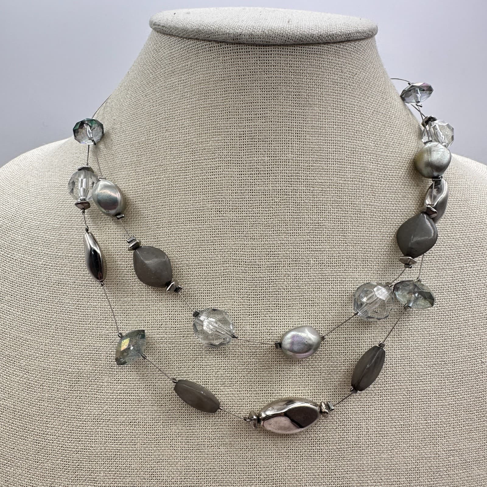 Vintage Y2K Silver Tone Multi-Strand Floating Beaded Necklace Women's Jewelry - Thumbnail 6