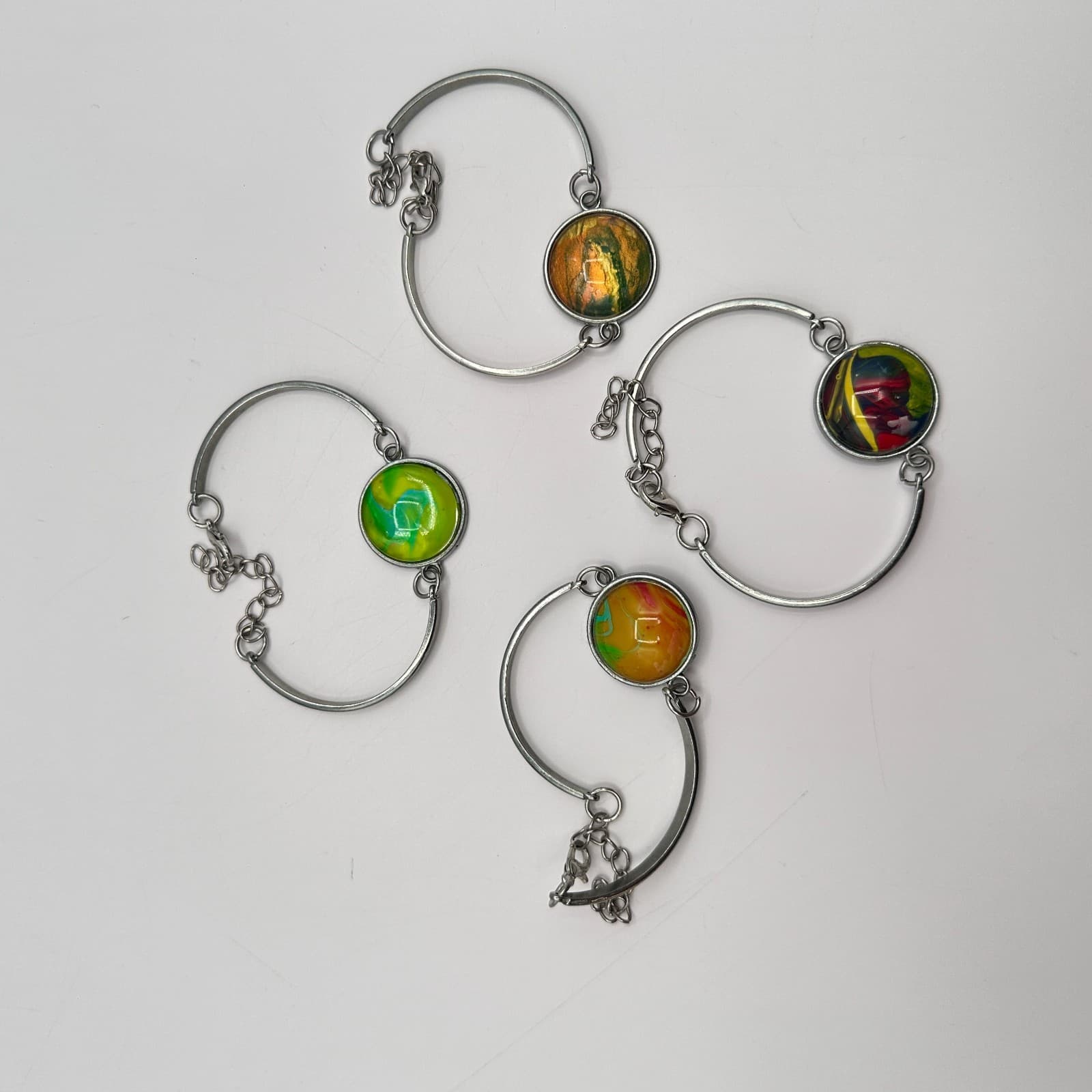 Vintage 90s SilverTone Glass Cabochon Bangle Bracelets Set Retro Fashion Jewelry - Thumbnail 7