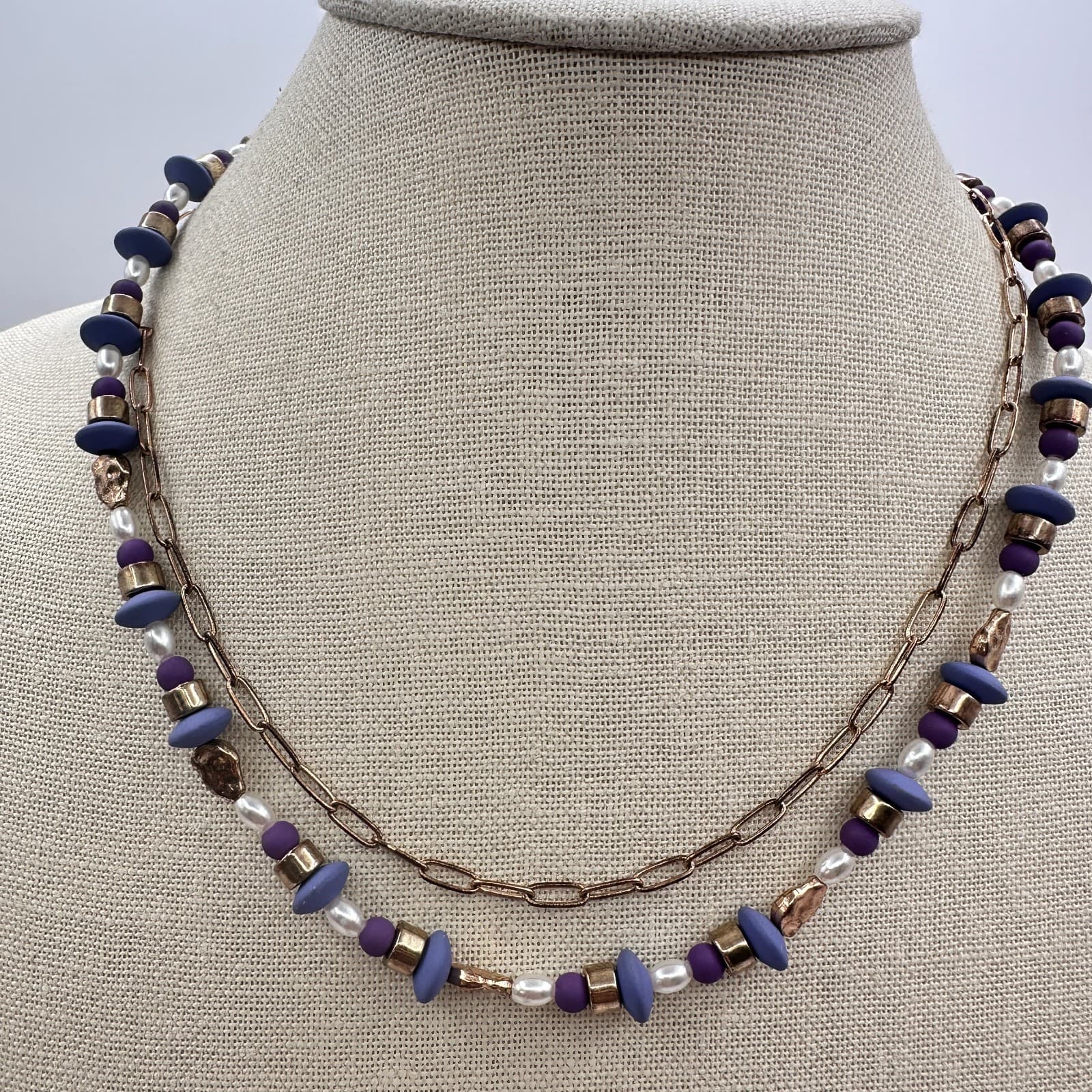 Vintage Y2K Gold Tone Double Layer Beaded Necklace Boho Women's Classic Jewelry - Thumbnail 2