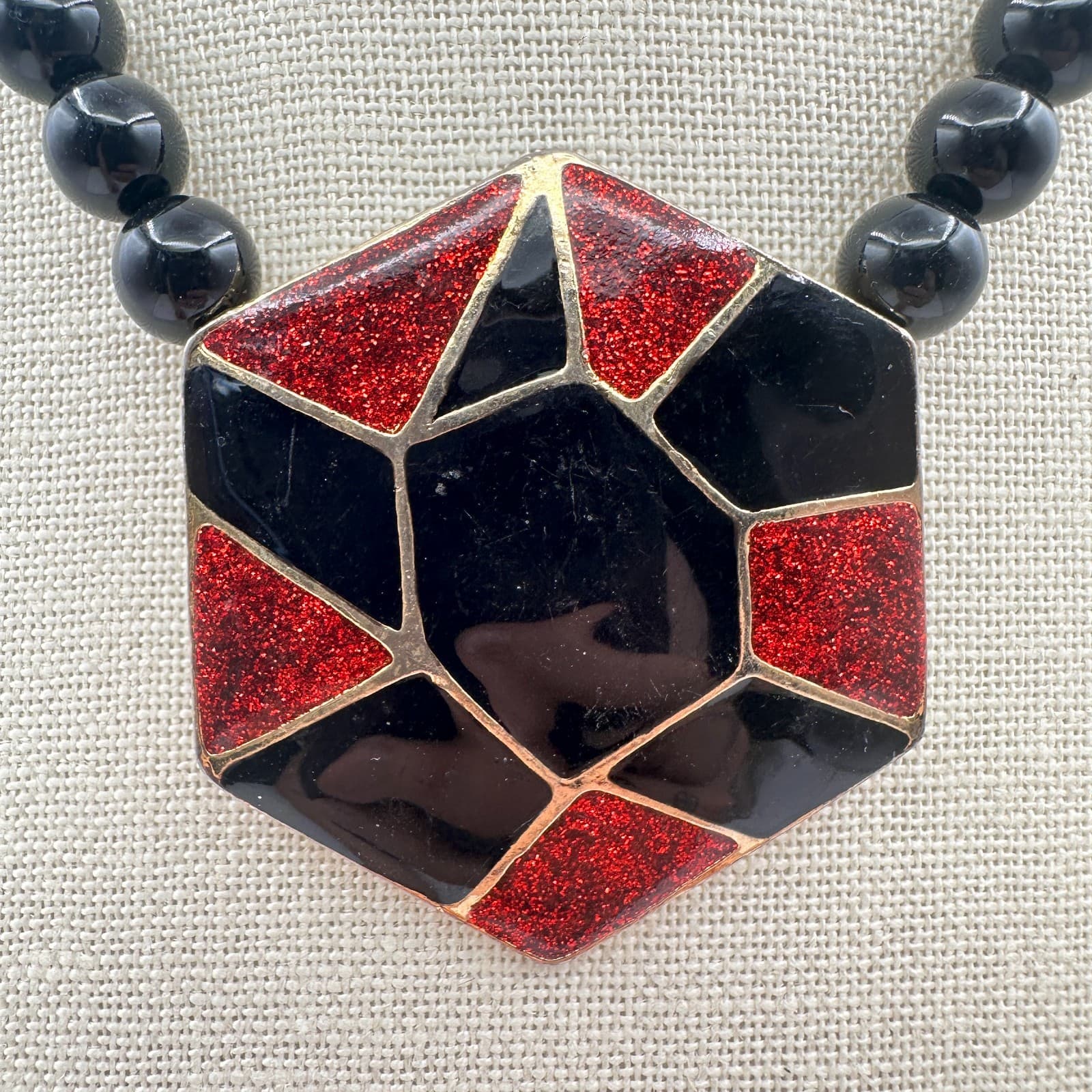 Vintage 80s Hexagon Statement Necklace Black Red Glitter Enamel Fashion Jewelry - Thumbnail 3