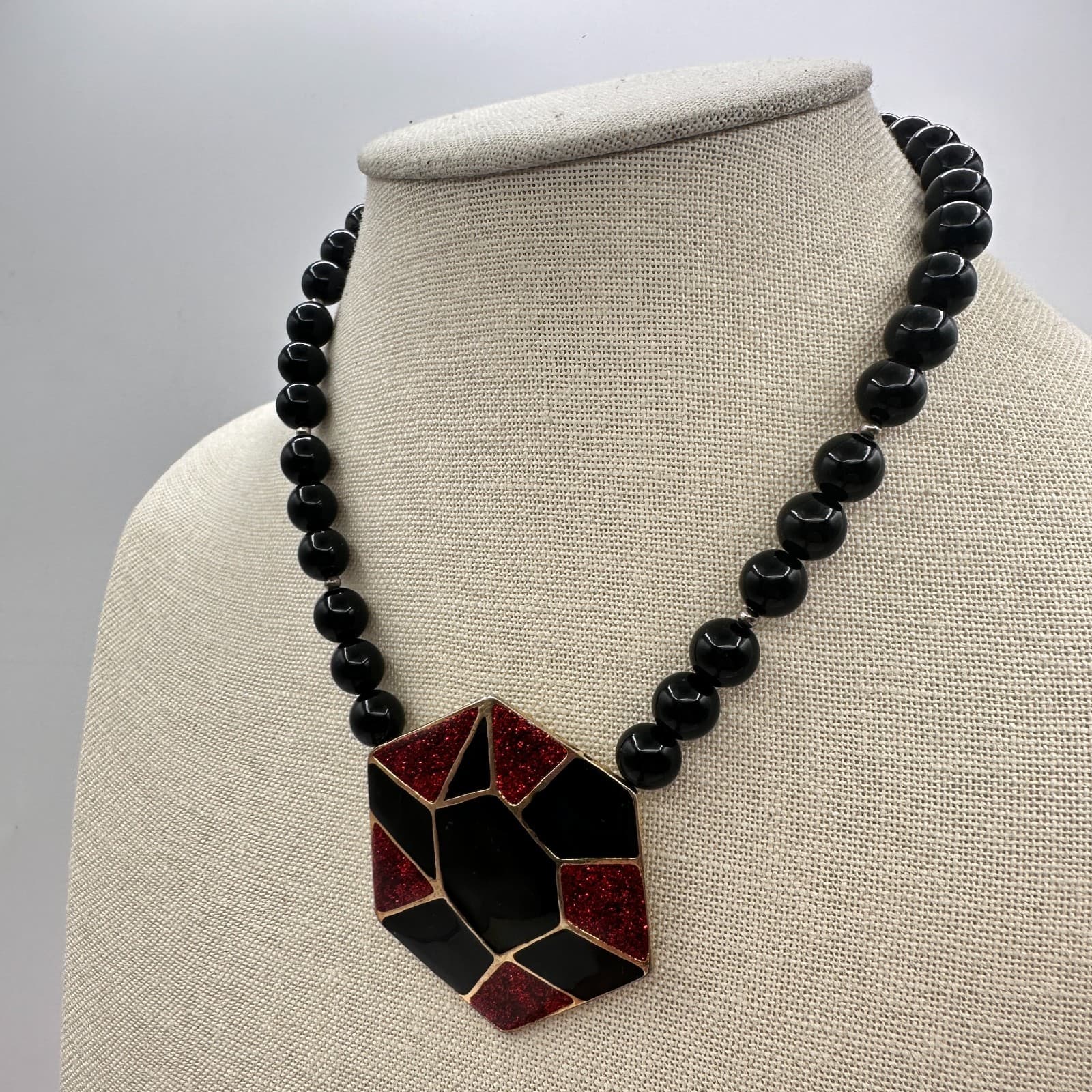 Vintage 80s Hexagon Statement Necklace Black Red Glitter Enamel Fashion Jewelry - Thumbnail 5