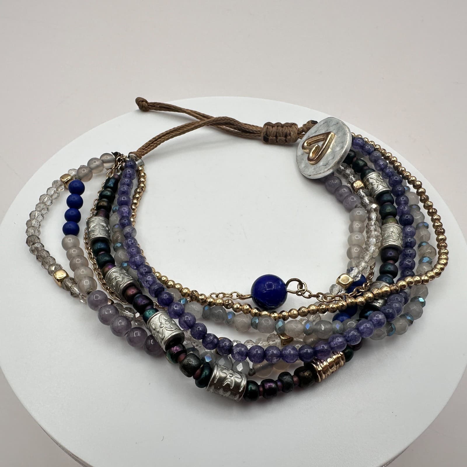 Vintage 70s Beaded Indigo Bracelet Multi-strand Blue Glass Heart Charm Jewelry - Thumbnail 5