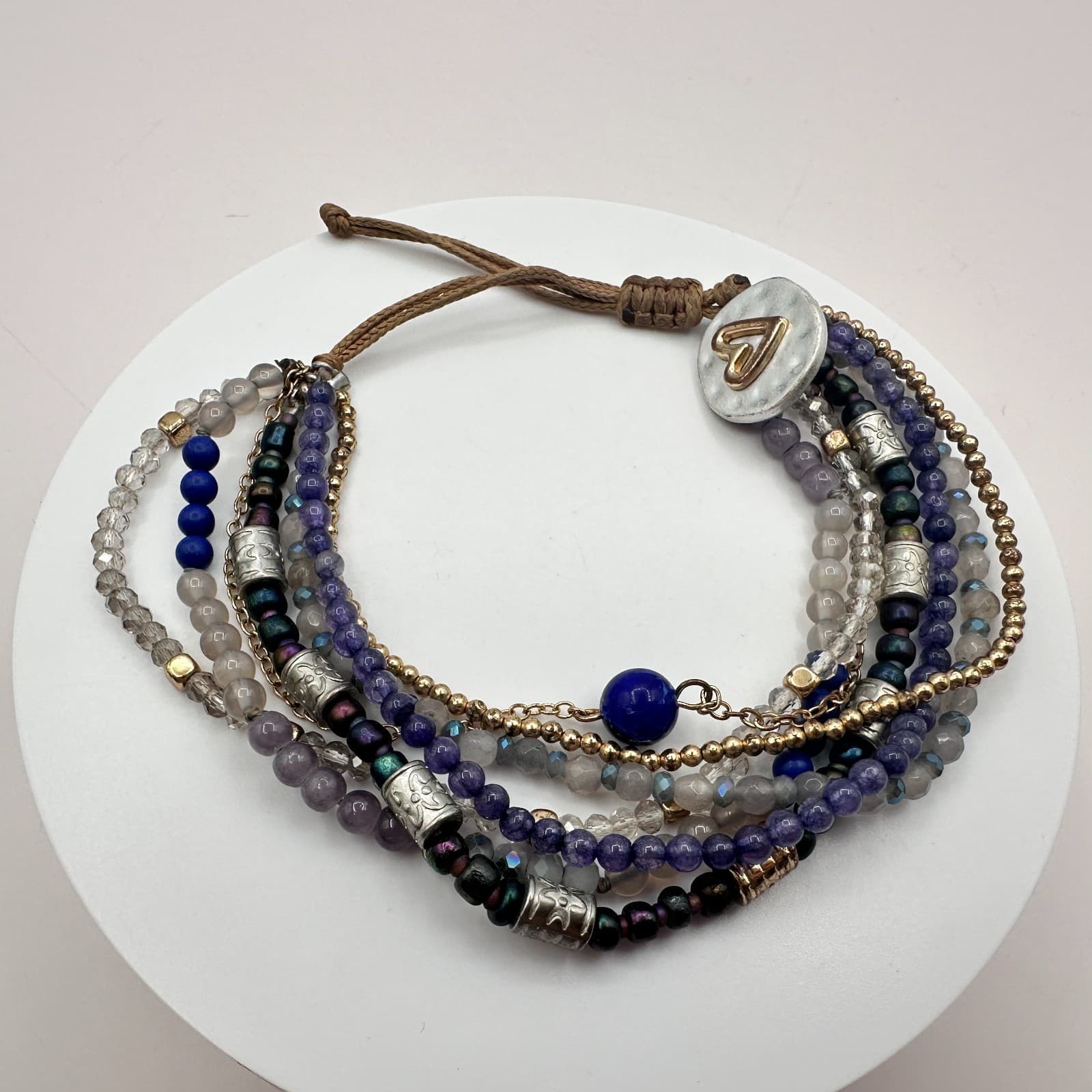 Vintage 70s Beaded Indigo Bracelet Multi-strand Blue Glass Heart Charm Jewelry - Thumbnail 2